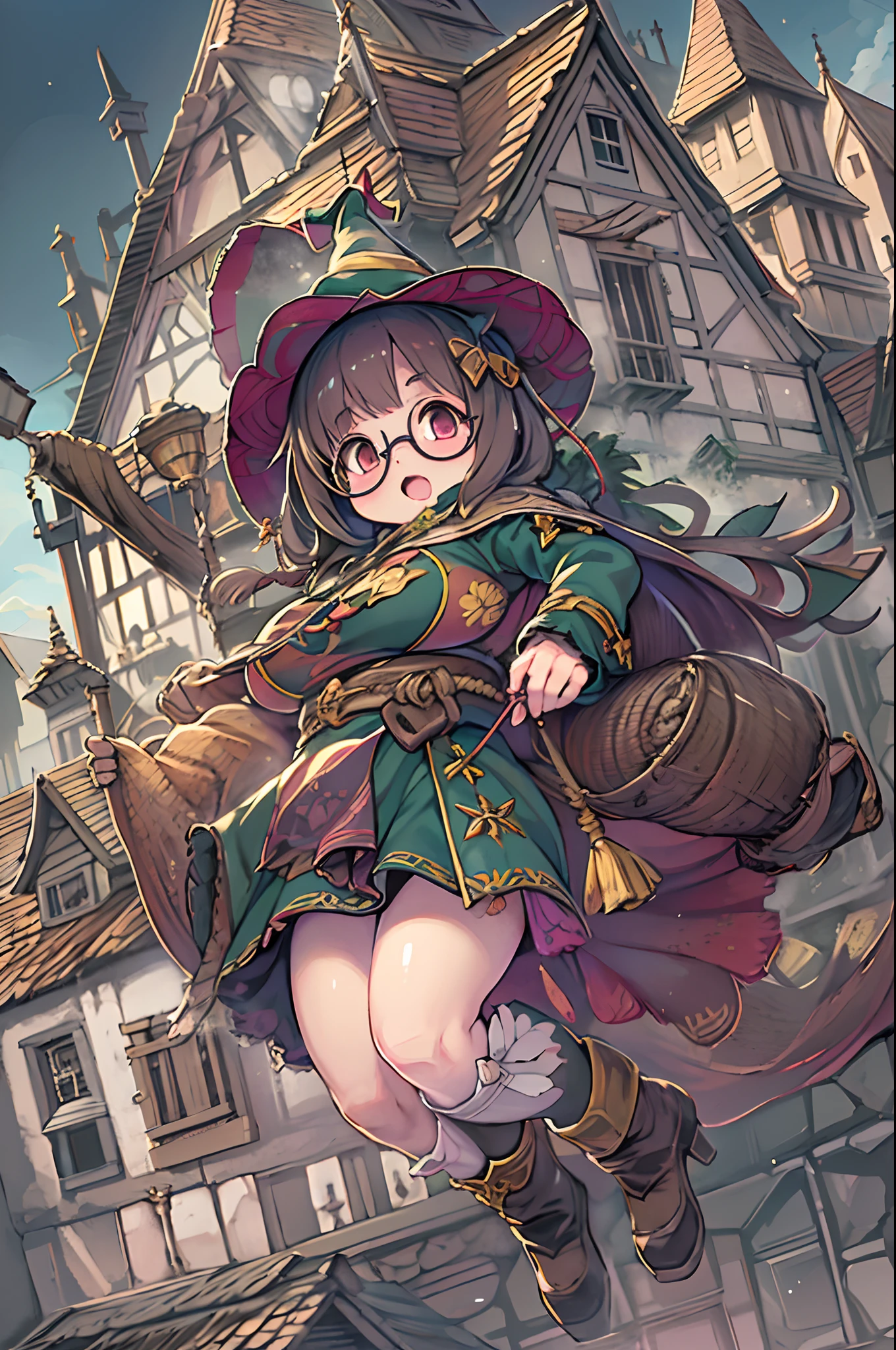 Fantasy,magic power,Realistic Girl Witch、Chibi、bbw、Anime style、Round glasses、Medieval cityscape