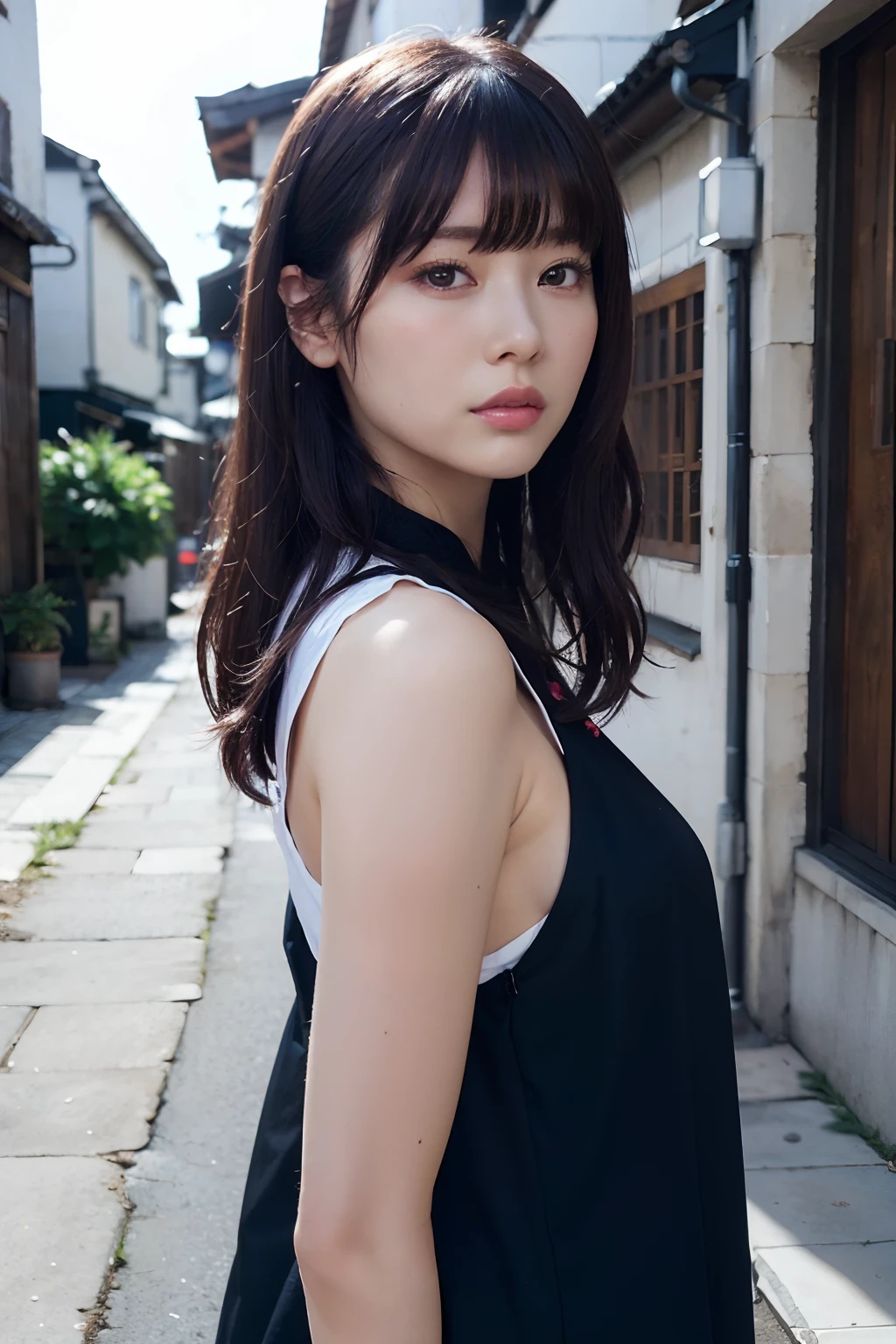 ((masutepiece)), ((Best Quality)), (Ultra-detailed), ((Extremely detailed)), 4K, (8K), Best Quality, (Beautiful), Gradation, One Woman,Clothes with open chest in the shape of a heart,Cute face,Big eyes,Cool Face,bobhair,dark red hair,Looking at Viewer,plein air,Night,Back alley,masutepiece, extremely fine and beautiful,Photorealistic,Japanese