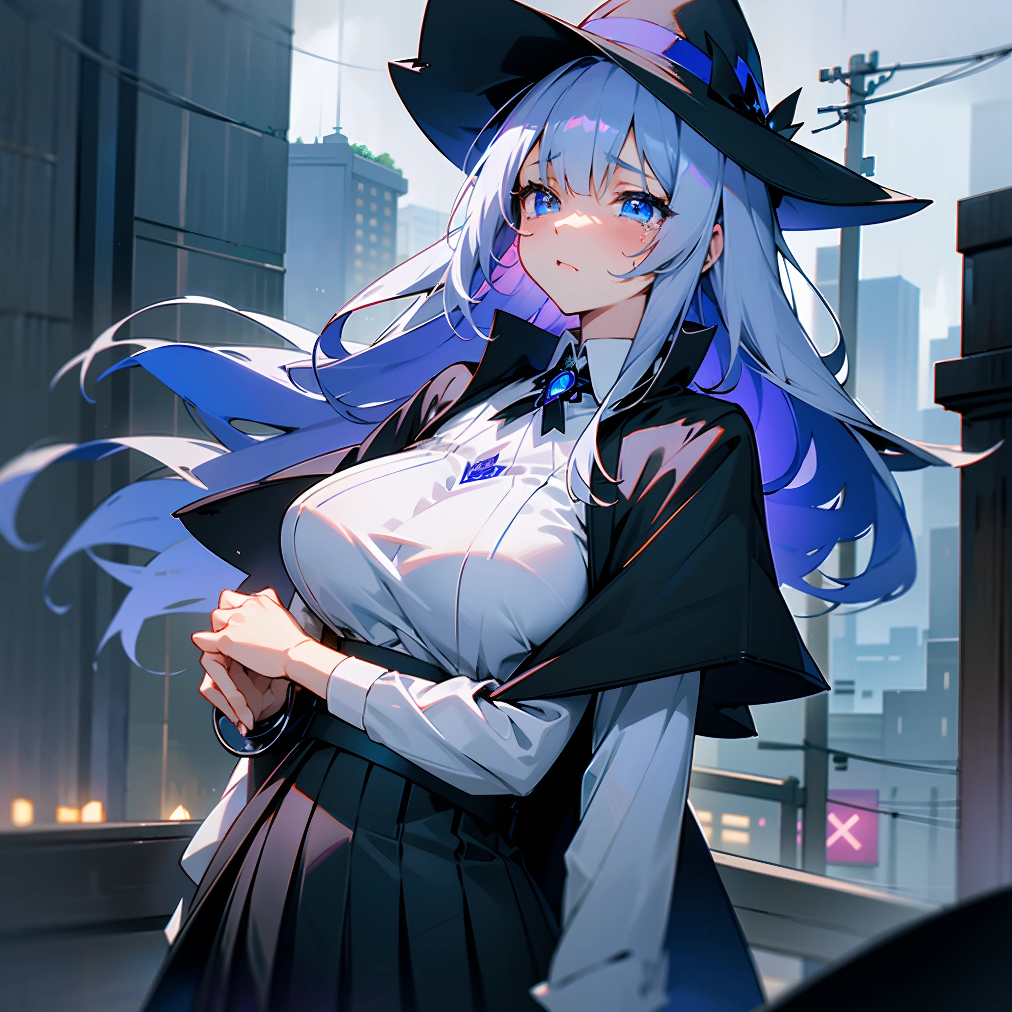 Rainy nights、An urban area lined with buildings、Late Night Tokyo、Standing Girl、Black coat、white t-shirts、a black skirt、White lob hair with blue-violet mesh、Wearing a large black witch hat with sapphire accessories、Blue eyes with highlights、Crying、B cup breasts、Beautiful illustration