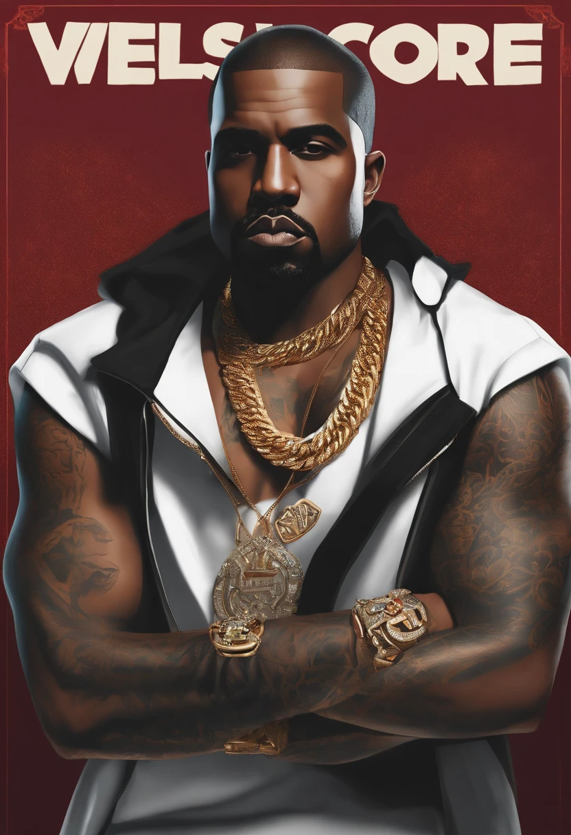 Kanye West with his arms crossed, sem camisa, Tatuado,magro, Gold chain around his hip hop style neck, cabelos vermelho, Sobrancelhas vermelhas, cavanhaque vermelho, GTAV Estilo dos desenhos animados, com fundo vermelho, com raios azuis, estilo dos desenhos animados, foco no fundo dos desenhos animados.