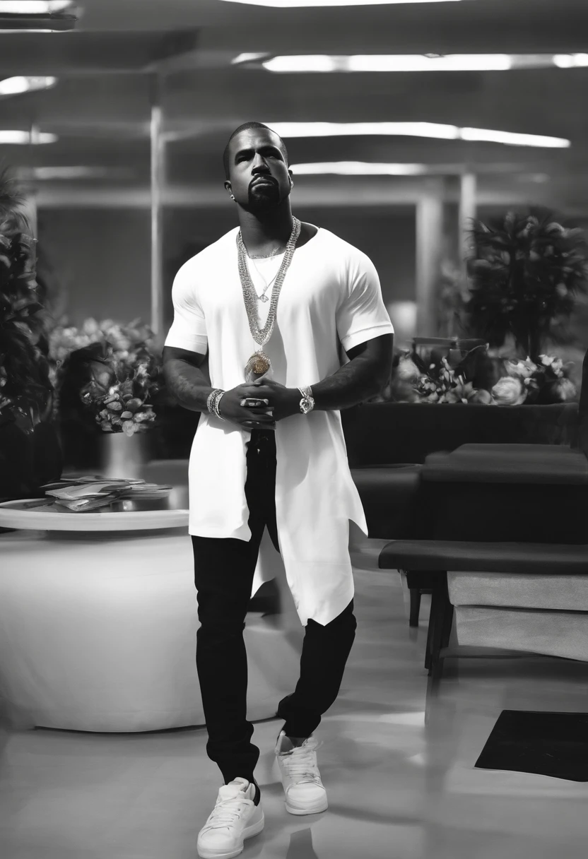 Kanye West with his arms crossed, sem camisa, Tatuado,magro, Gold chain around his hip hop style neck, cabelos vermelho, Sobrancelhas vermelhas, cavanhaque vermelho, GTAV Estilo dos desenhos animados, com fundo vermelho, com raios azuis, estilo dos desenhos animados, foco no fundo dos desenhos animados.