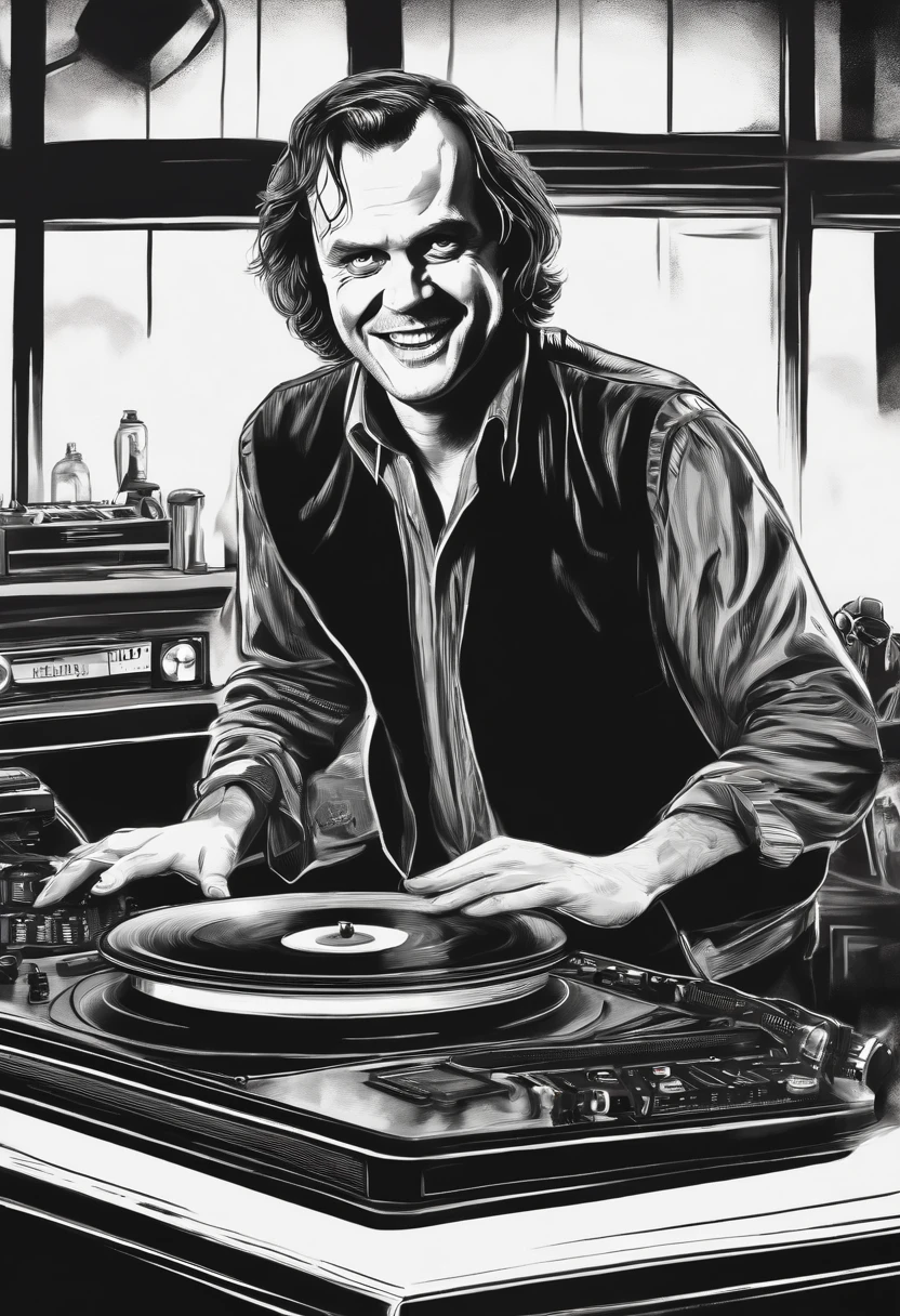 a black and white drawing of Jack Torrance from The Shining with a crazy look and messy hair DJing behind two turn tables