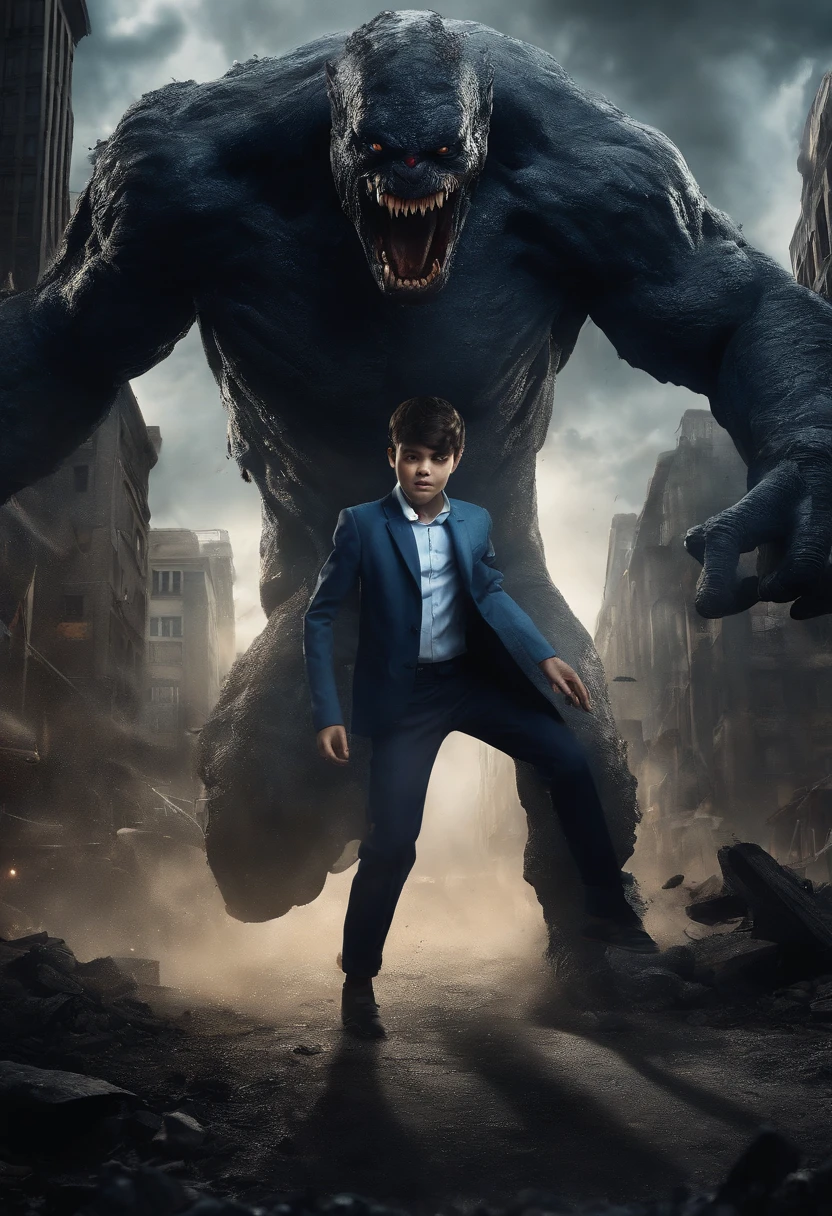 (best quality,4k,highres:1.2),a boy in a blue suit,(black hair, straight, 15 centimeters long and very messy),desperately fleeing from a giant monster made of mud,in the middle of a city,buildings collapsing around them,dark and stormy atmosphere,dynamic and intense action,panic-stricken expression on the boy's face,impressive scale of the monster,twisted and grotesque features,detailing the muddy texture of the monster's body,the monster's limbs reaching out,cracks appearing on the ground,rubble and debris flying in the air,streets filled with chaos and destruction,smoke and dust creating a sense of suspense and danger,highlighting the boy's stylish blue suit,strewn papers and torn posters adding to the chaotic atmosphere,the city lights casting eerie glows,perspective showcasing the vastness of the cityscape.