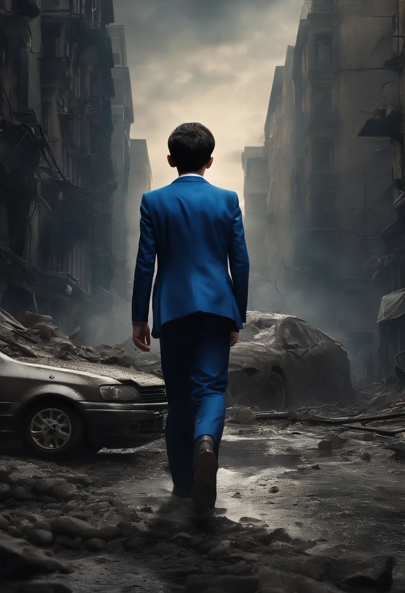 (best quality,4k,highres:1.2),a boy in a blue suit,(black hair, straight, 15 centimeters long and very messy),desperately fleeing from a giant monster made of mud,in the middle of a city,buildings collapsing around them,dark and stormy atmosphere,dynamic and intense action,panic-stricken expression on the boy's face,impressive scale of the monster,twisted and grotesque features,detailing the muddy texture of the monster's body,the monster's limbs reaching out,cracks appearing on the ground,rubble and debris flying in the air,streets filled with chaos and destruction,smoke and dust creating a sense of suspense and danger,highlighting the boy's stylish blue suit,strewn papers and torn posters adding to the chaotic atmosphere,the city lights casting eerie glows,perspective showcasing the vastness of the cityscape.