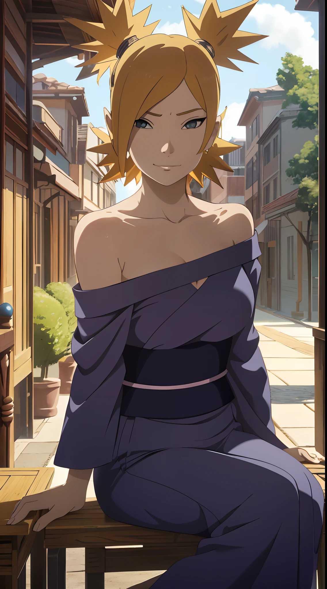 Masterpiece, absurderes , (Intricate details), (Colorful),cleavage，Off-the-shoulder attire，Cinematic lighting,Bust Up Shot,Extremely detailed Cg Unity 8K wallpaper,Temari\(Boruto\), 1girll, Mature female,red kimono,  Sitting, Outdoors,Wind,  view the viewer,ssmile