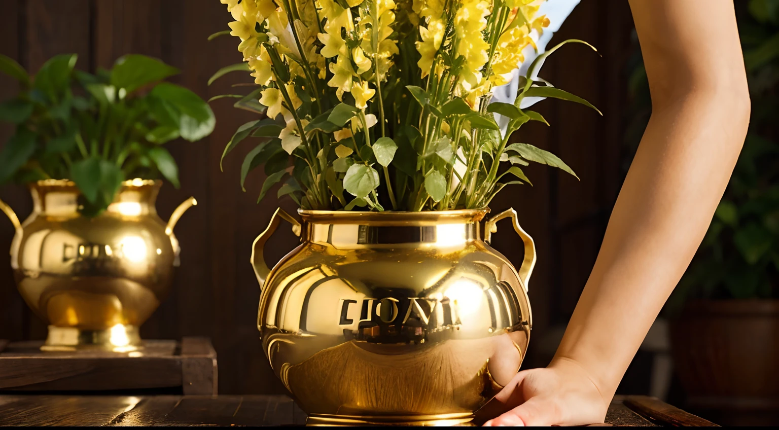 Describe in great detail a high-definition image of gleaming gold pots. Paint a vivid scene with words, highlighting the pots of gold in a setting that evokes the feeling of wealth and abundance. Descreva a luz que reflete nos potes, Enhancing Your Brilliance and Value. Transmita a ideia de prosperidade e tesouros escondidos. Utilize rich descriptive language to capture the beauty and symbolism of pots of gold in high definition