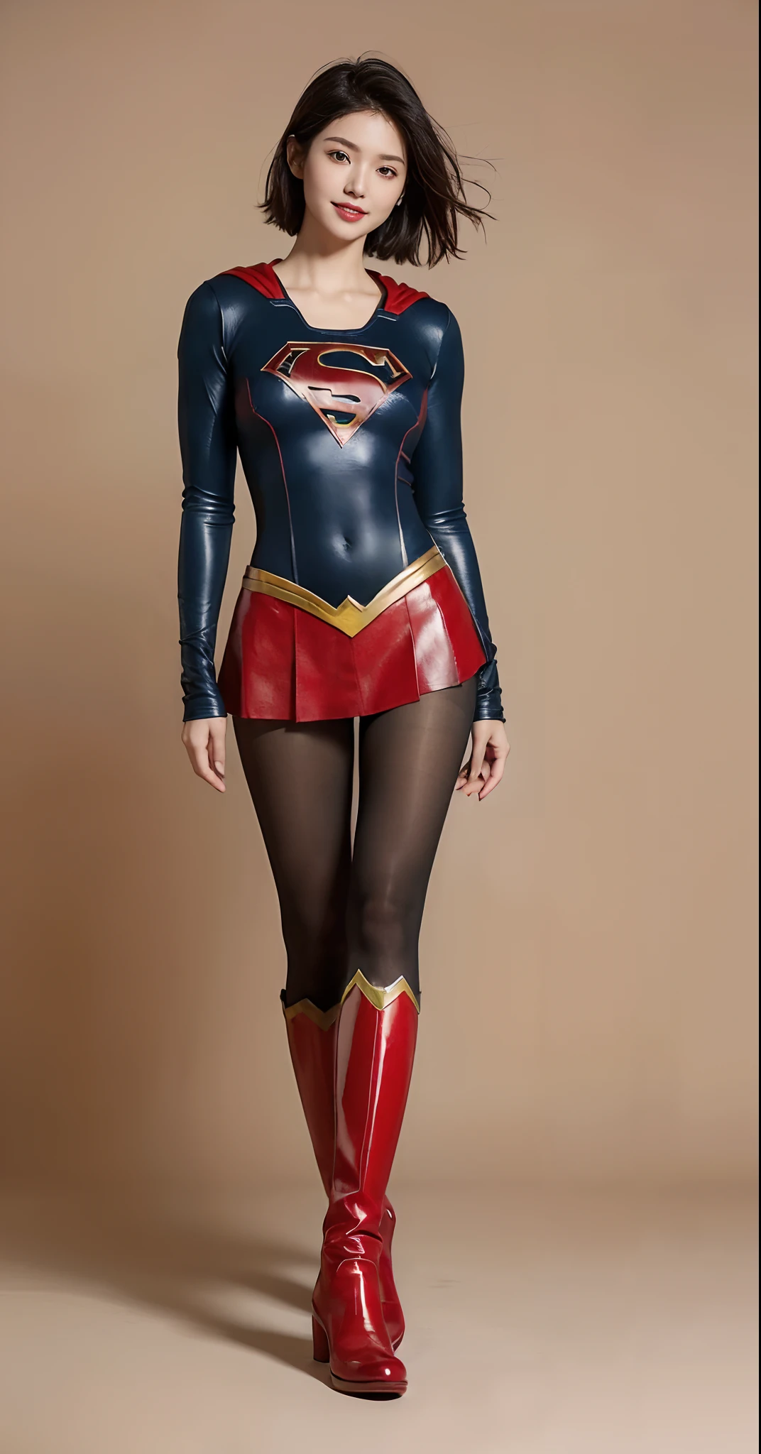 (((Wear black tights on your beautiful legs.)))、(((Grow legs、tall、beauty legs)))、(((facial expression of smile)))、((((Make the most of the original image)))、(((Supergirl Costume)))、(((Beautiful short hair、The hair)))、(((Suffering)))、(((Feet must necessarily be worn with black tights)))、(((You need to wear red boots)))、((Top image quality、8K))、((top-quality、8K、​masterpiece:1.3))、(((Keep your background simple)))、Crisp focus:1.2、Beautiful woman with perfect body shape:1.4、Slender Abs:1.2、a wet body:1.5、Highly detailed facial and skin texture、8K