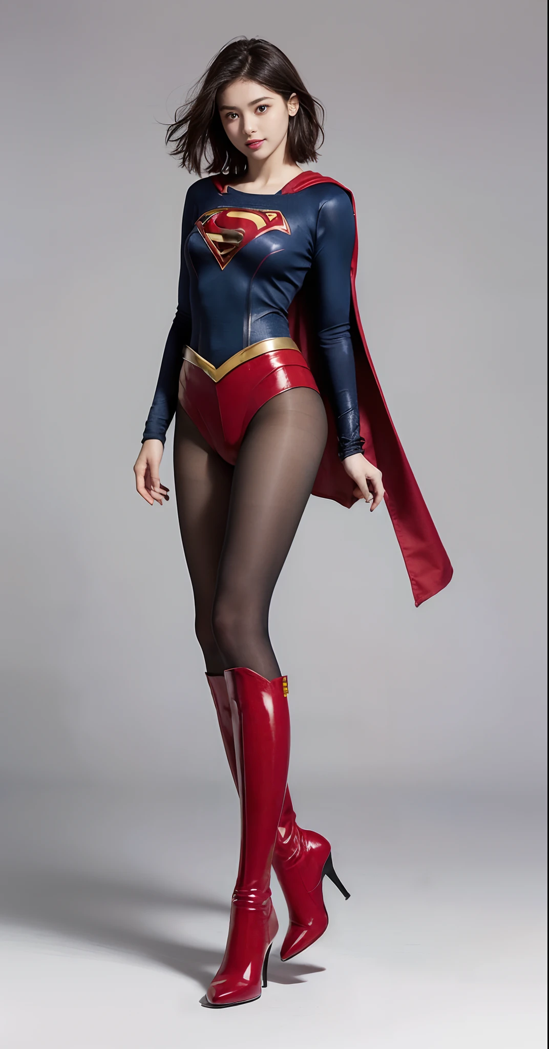 (((Wear black tights on your beautiful legs.)))、(((Grow legs、tall、beauty legs)))、(((facial expression of smile)))、((((Make the most of the original image)))、(((Supergirl Costume)))、(((Beautiful short hair、The hair)))、(((Suffering)))、(((Feet must necessarily be worn with black tights)))、(((You need to wear red boots)))、((Top image quality、8K))、((top-quality、8K、masterpiece:1.3))、(((Keep your background simple)))、Crisp focus:1.2、Beautiful woman with perfect body shape:1.4、Slender Abs:1.2、a wet body:1.5、Highly detailed facial and skin texture、8K