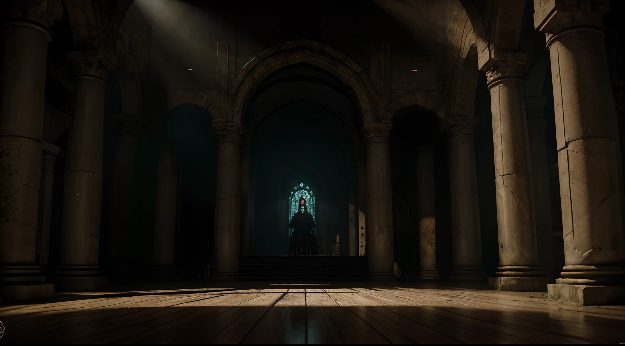 A dark room with columns and a light shining through the ceiling, fundo da masmorra, em um fundo de masmorra, dark studio background, fundo fosco. Motor irreal, scary magical background, background in a kinematics, atmospheric shot, might cinematic lighting, cinematic atmospheric lighting, dramatic lighting. arte conceitual, fundo medieval sombrio, cinematic background, fundo da arena, dramatic lighting render, fundo escuro do castelo