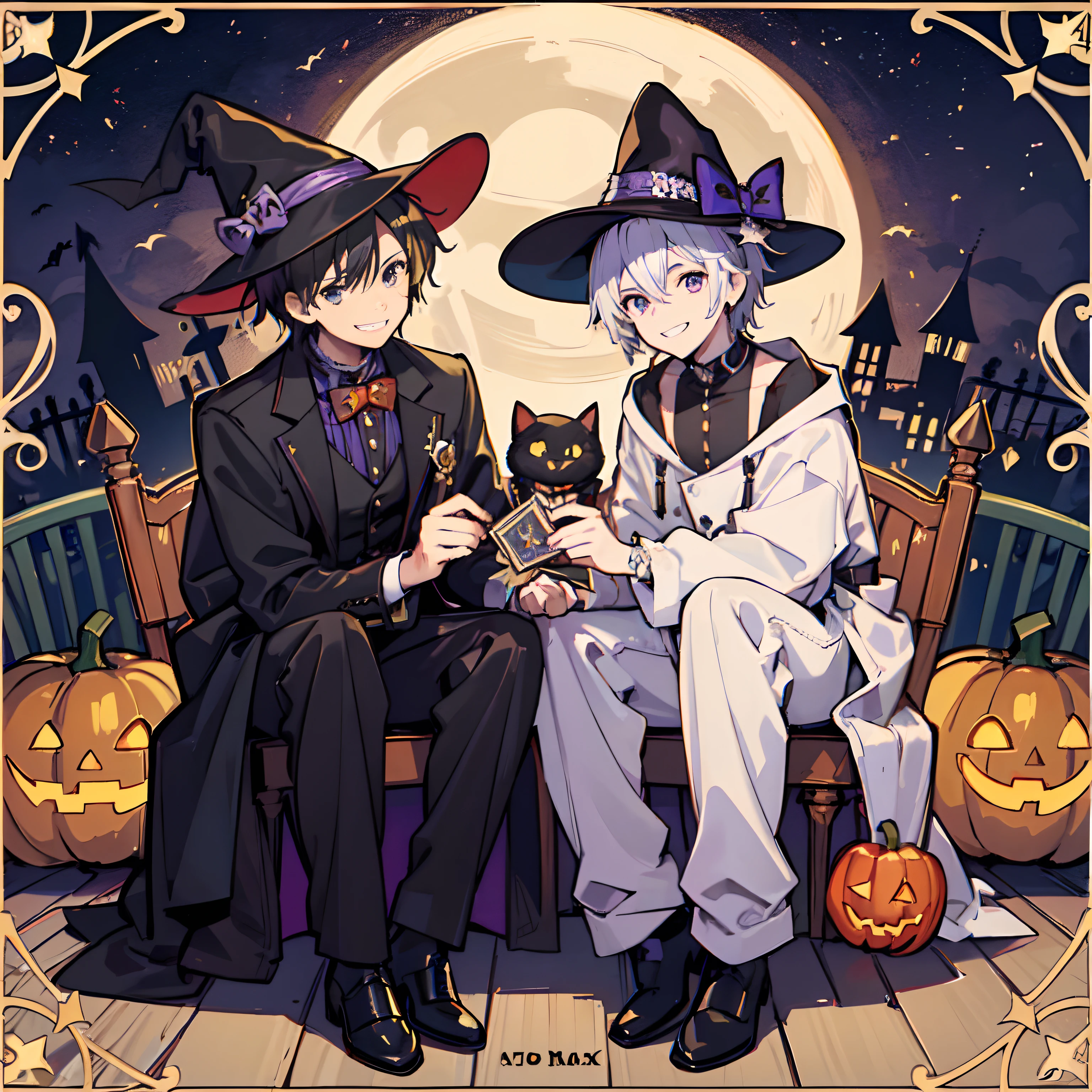 (2man),(playing card),many many card flying, masterpiece, ULTRA DETAILED,(2male relationship),modern art style,fullbody,keeping card, grin smiling, 20 years old man,Perfect body,Britain motif, Halloween,pumpkin,black cat motif,purple and black,at night