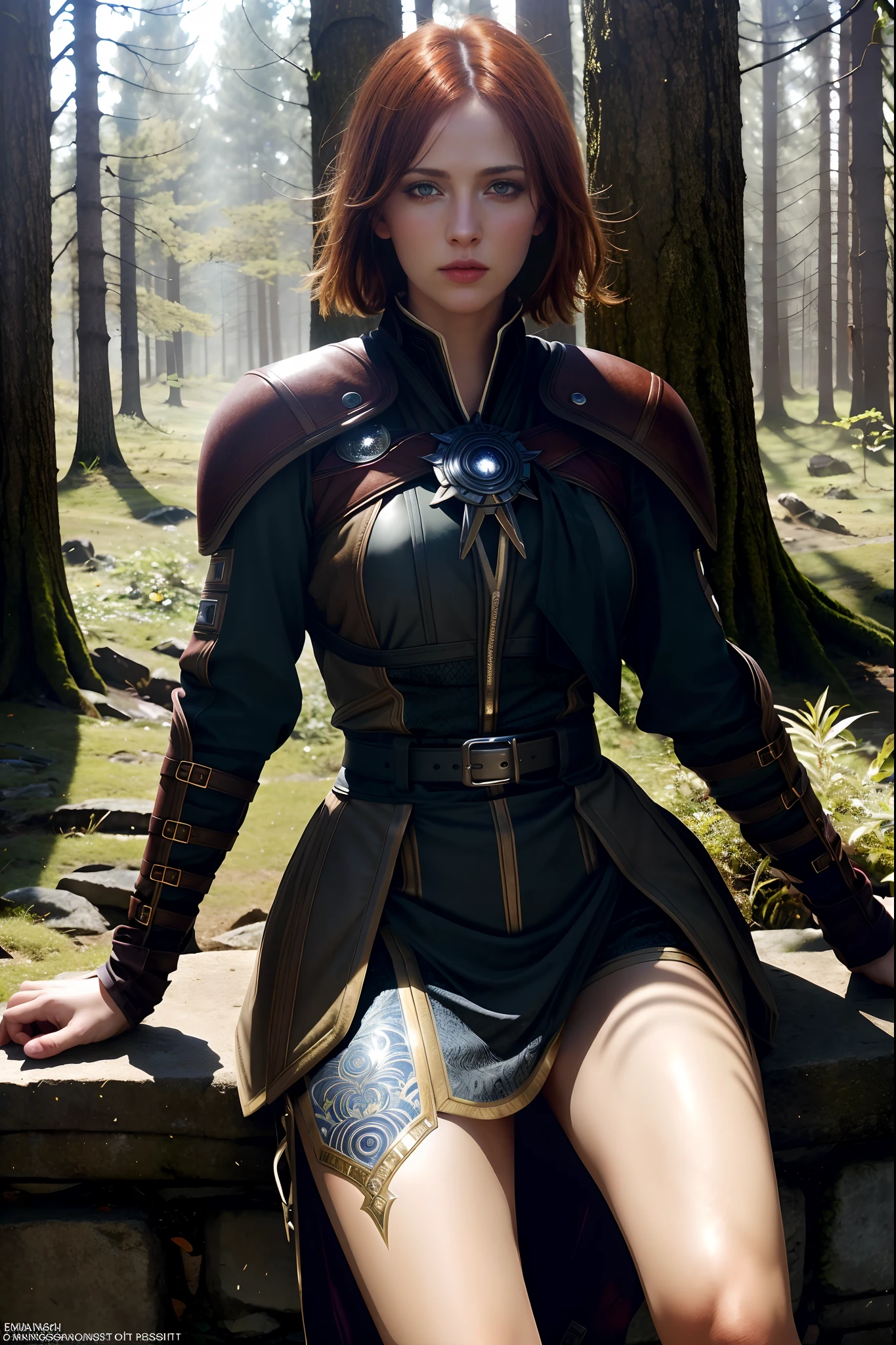 ((masterpiece, best quality)), Leliana from Dragon Age, (high detail skin), legs, (seductive expression:1.2), various poses, fantasy forest background, (UHD, 8K wallpaper, High resolution), Cinematic lighting,  intense sunlight, physically-based rendering, award-winning, extremely detailed skin, extra detailed face, high detail eyes, Carl Zeiss 85 mm F/1.4, by Ellen von Unwerth