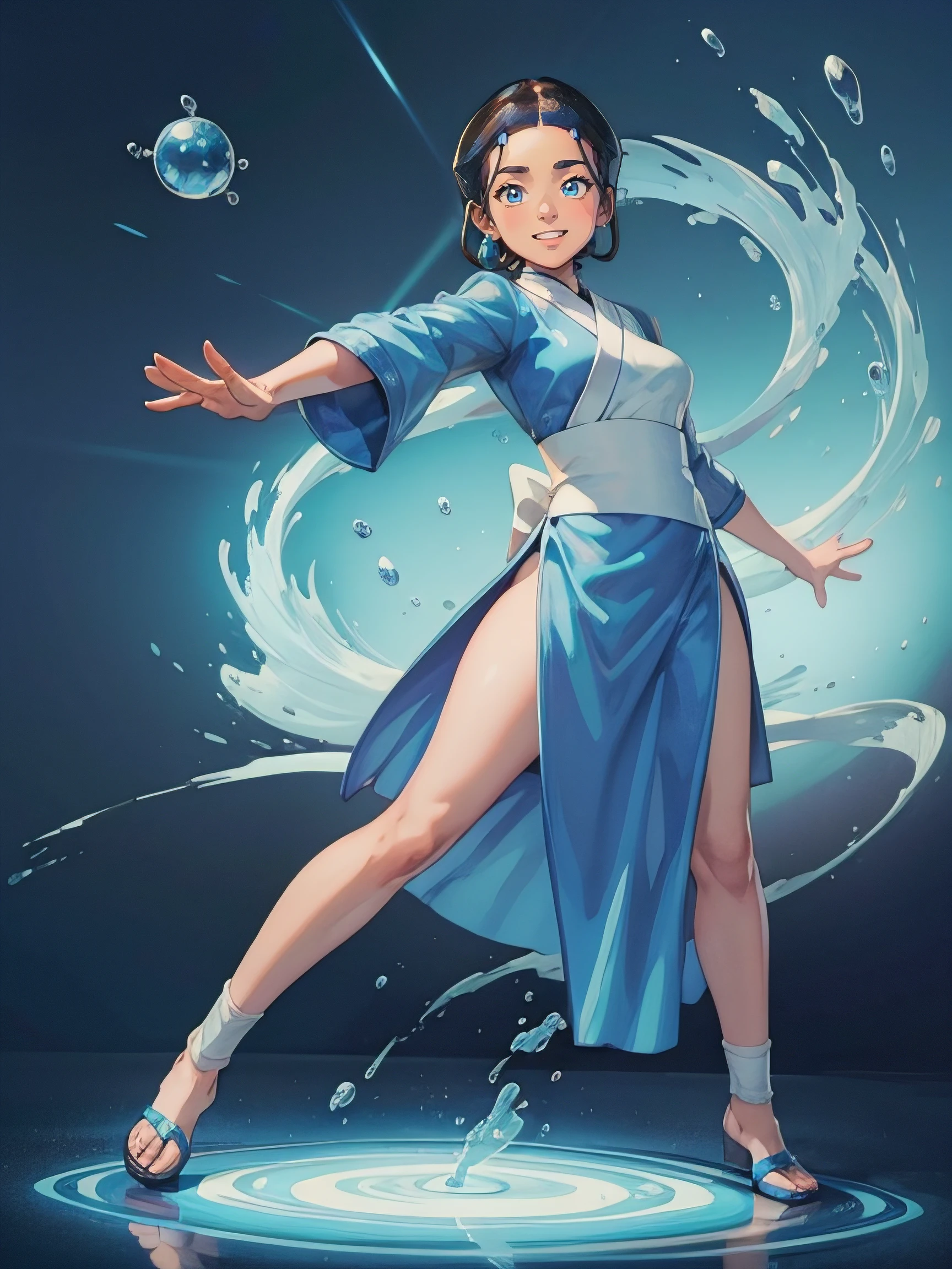 1girl, solo, (masterpiece), best quality, ultra-detailed, Katara from Avatar, Retro style, full body. fashion cloth, fancy. waterbending, happy, sexy smiling