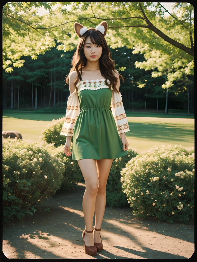 30 years old, gorgeous Japanese girl, (standing naturally:1.5),cowboy shot,realistic, photo realistic, cowboy shot, miss_hina, sweet girl, brown long hair, green long dress, bare shoulders, detached sleeves, wide sleeves, long sleeves, animal ears, dog ears, pom pom hair ornament, high heels, bare legs,outdoors, sunshine, lawn, flowers, sunny, lake, park,fantasy, high contrast, vintage Polaroid Swinger, 75mm f/5.6, 1/60s, ISO 50