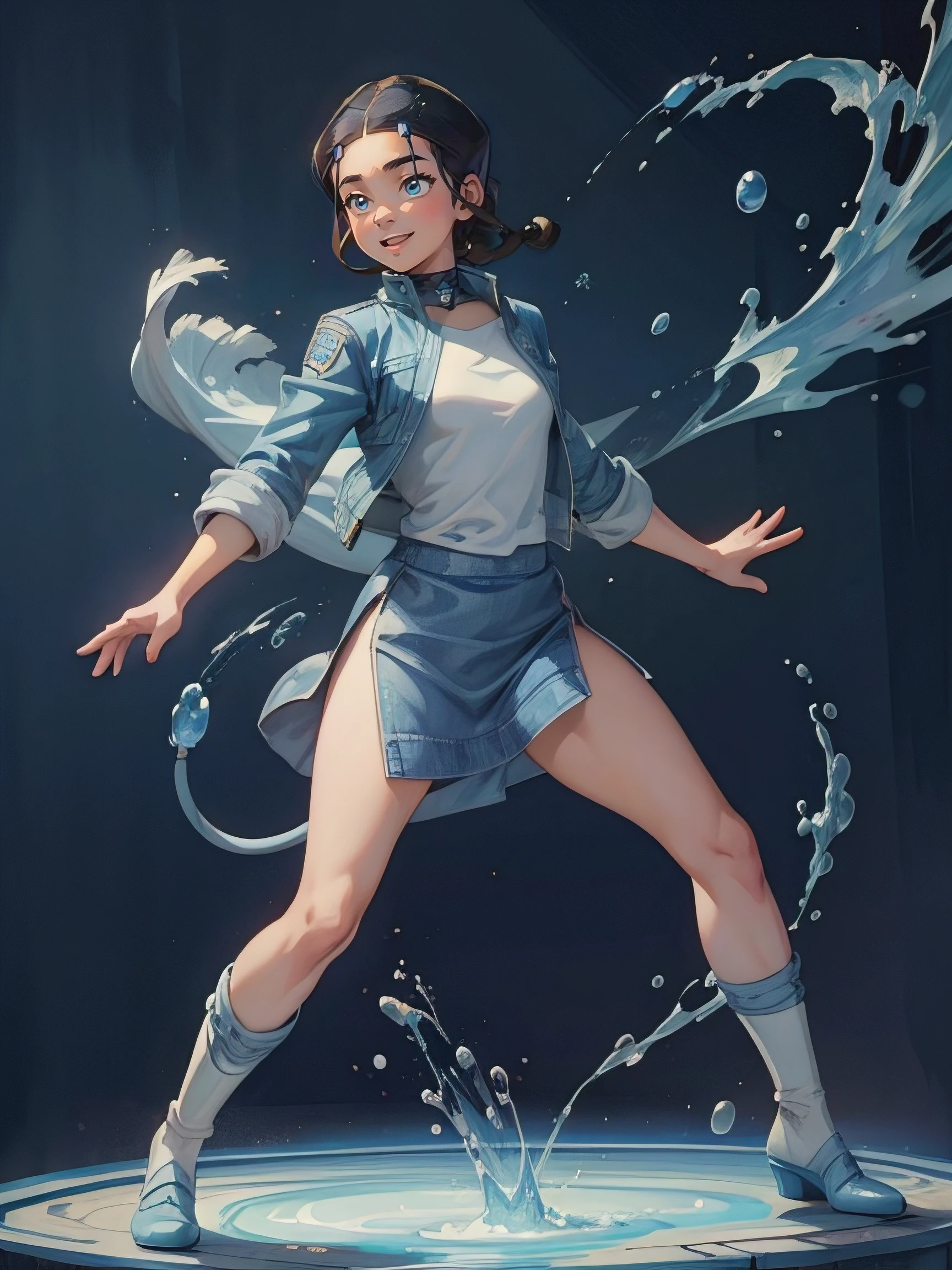 1girl, solo, (masterpiece), best quality, ultra-detailed, Katara from Avatar, Retro style, full body. fashion cloth, jean jacket, fancy. waterbending, happy, sexy smiling