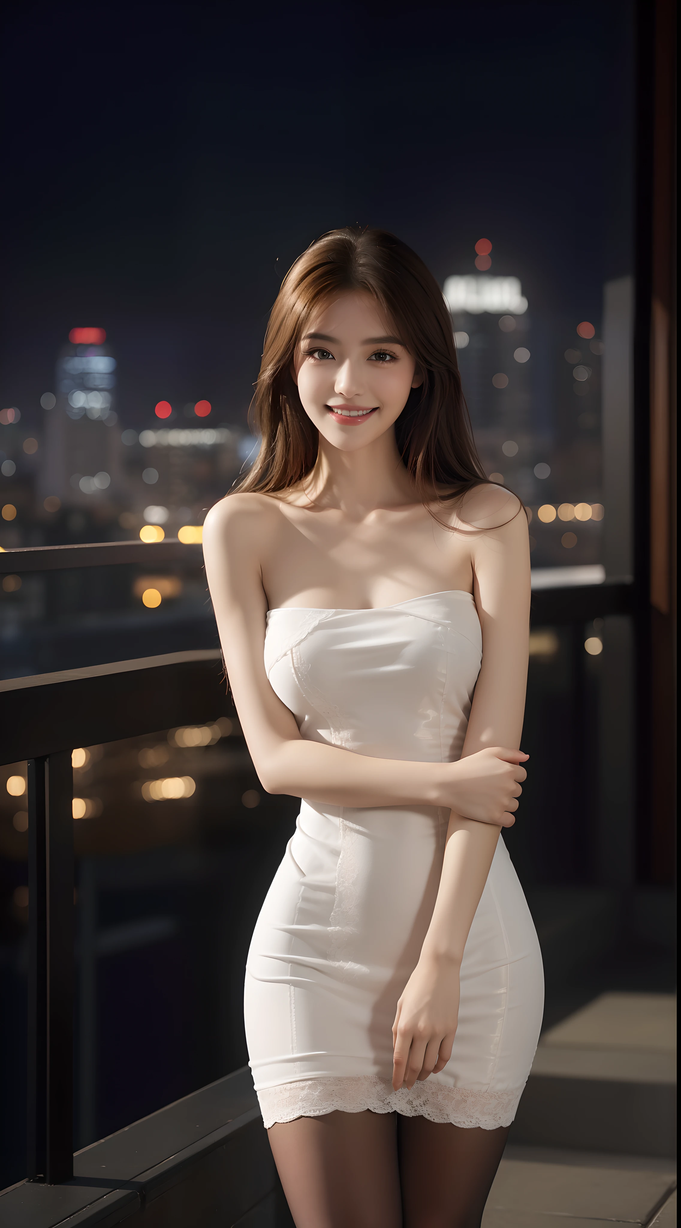 8k, masterpiece, RAW photo, best quality, photorealistic, extremely detailed CG unity 8k wallpaper, Depth of field, Cinematic Light, Lens Flare, Ray tracing, (extremely beautiful face, beautiful lips, beautiful eyes), intricate detail face, ((ultra detailed skin)) 1girl, in the dark, deep shadow, pretty girl, (very slim slender fit-muscled body:1.3), ((looking at viewer)),(big smile:1.3), clear eyes, front shot, (pale skin), (big eyes), face forward, (upper body shot), (brown hairs), (looking at viewer:1.3), very slim, medium breasts, thick thighs, laced stockings, cityscape, rooftop , dim lights, blurry background, (night), golden dress, Veranda, sparkling dress, see through dress