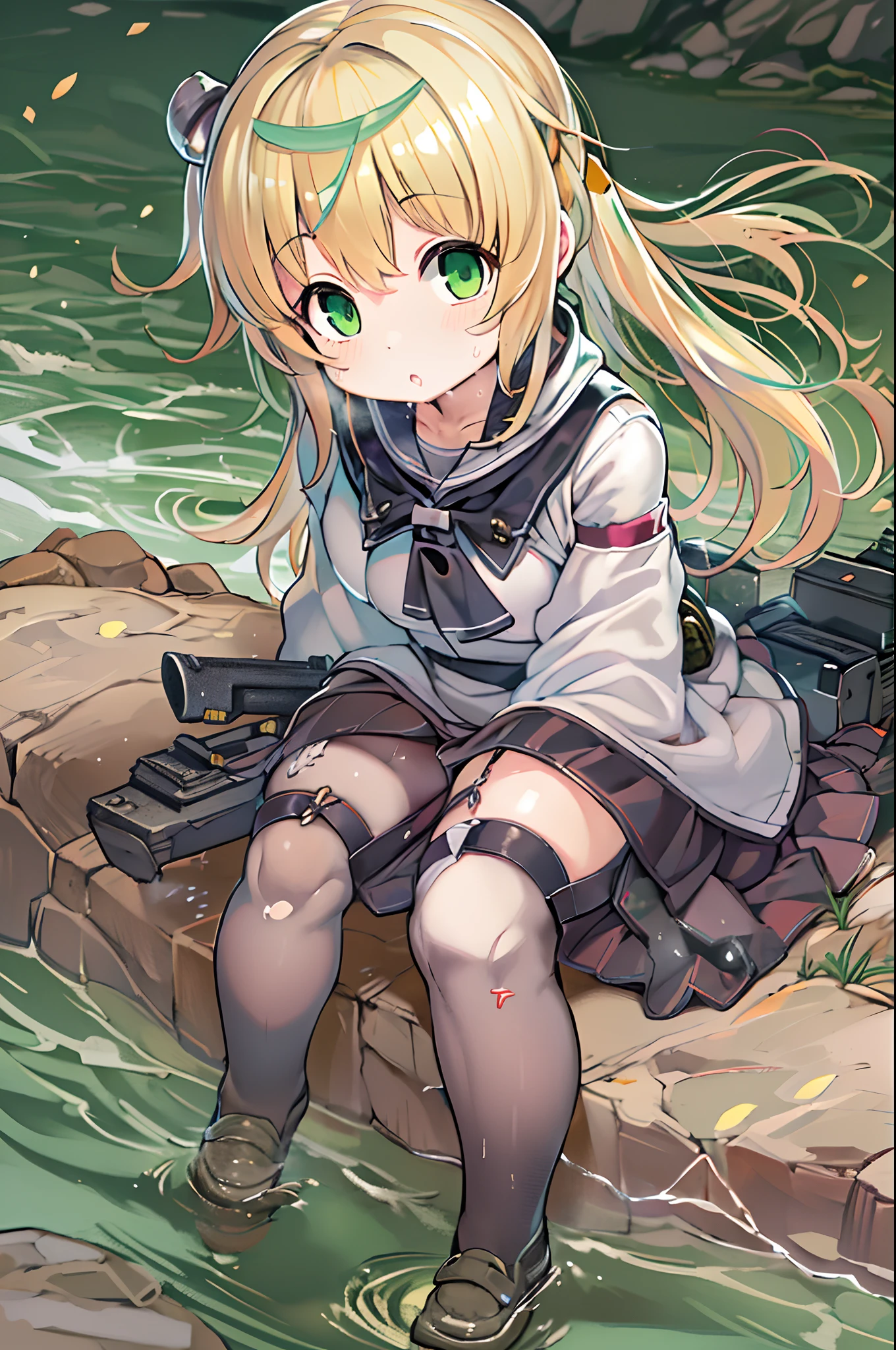 Anime girl with blonde hair and green eyes sitting in the mud, splash art anime loli, Anime visuals of cute girls, small curvy loli, from girls frontline, anime moe art style, girls frontline style, Strongest Pose, small loli girl, official artwork, Kantai Collection Style, marin kitagawa fanart, Cute anime girl, Isekai, girls' frontline