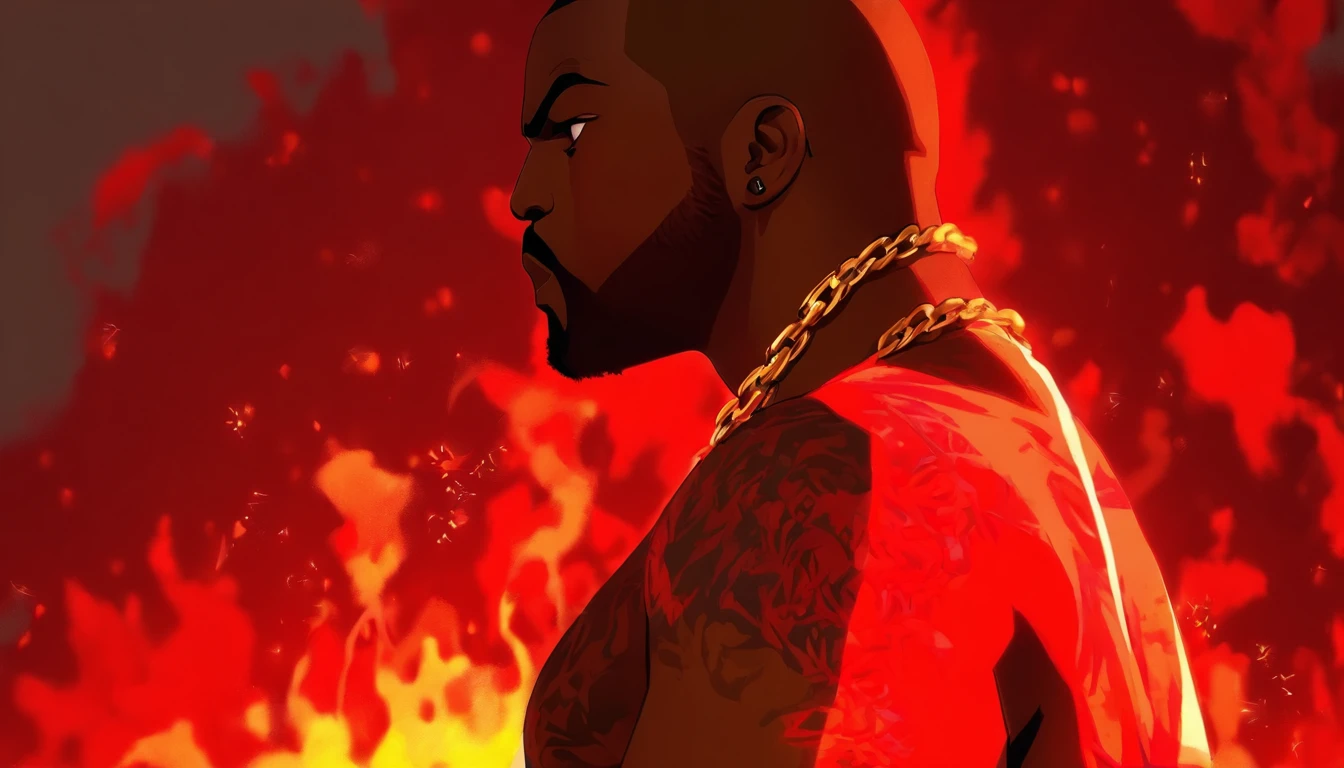 Kanye West with his arms crossed, sem camisa, Tatuado,magro, Gold chain around his hip hop style neck, cabelos vermelho, Sobrancelhas vermelhas, cavanhaque vermelho, GTAV Estilo dos desenhos animados, com fundo vermelho, com raios azuis, estilo dos desenhos animados, foco no fundo dos desenhos animados.