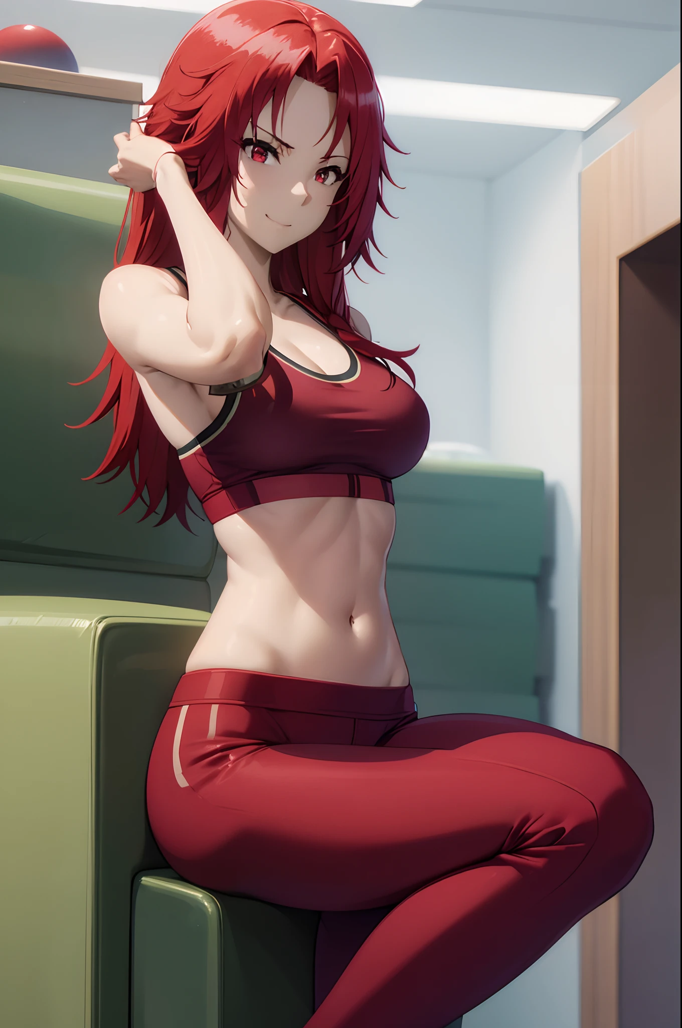 red hair, red eyes,masterpiece, best quality, photorealistic, yujiasuit, yoga sports bra, yoga pants, 1girl, solo, , yoga ball, pants, looking at viewer, smile, green sports bra, simple background, , midriff, long hair, breasts, green pants, sportswear, tank top, upper body