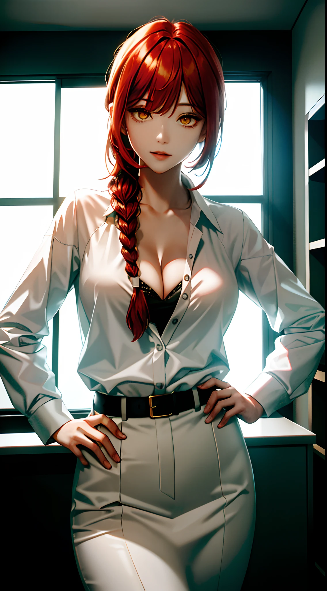 tmasterpiece,(真实感:1.1),best qualtiy,Large breasts(cleavage:1.3),beautiful light up,(Ulzzang-6500:0.5),makima \(chainsawman\),(red hair)+(long braid)+(By bangs),Yellow eyes,Golden eyes, ((eye socket)), (white shirt), (tiese), RAW photos, 8K UHD, filmgrain,Light,Half-body close-up,both hands on hip