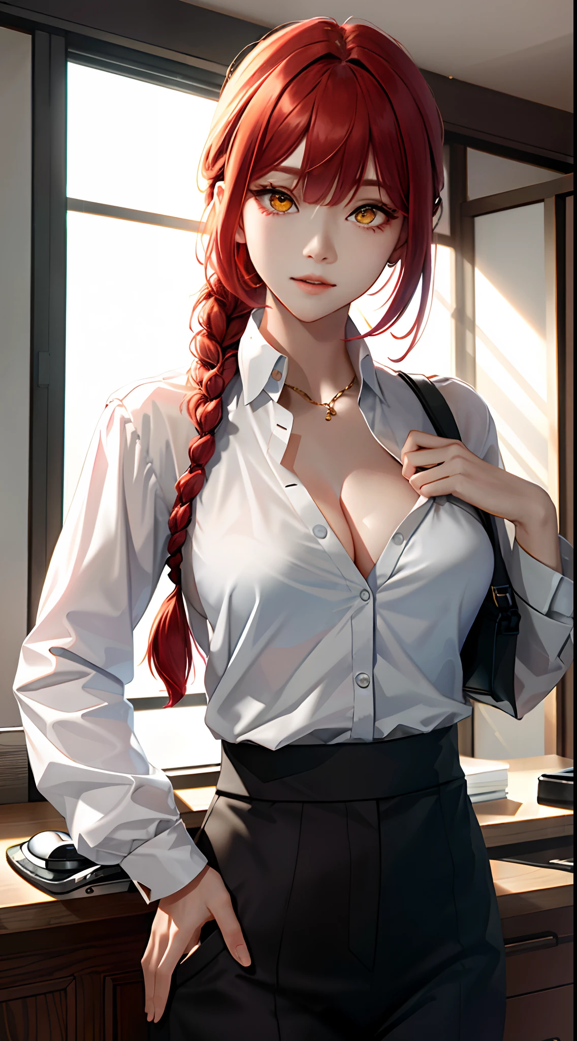 tmasterpiece，（真实感：1.1），best qualtiy，Large breasts（cleavage:1.3)，beautiful light up，（Ulzzang-6500：0.5），makima \（chainsawman\），（red hair）+（long braid）+（By bangs），Yellow eyes，Golden eyes, ((eye socket)), (white  shirt), (tiese), RAW photos, 8K  UHD, filmgrain，Light，Half-body close-up，both hands on hip