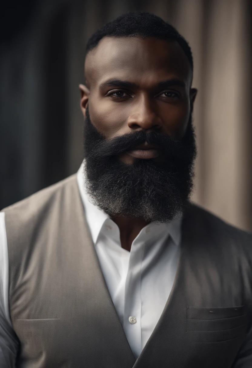 Muscular African man with beard and mustache in white shirt, Best quality,4K,8k,Very attractive man with beard, well-groomed facial hair, joli, Breathtaking, Realstic, Ultra-realistic image, moustache naturelle, old male,soft portrait shot 8 k, Very detailed portrait, thick mustache, Hyper-realistic style, barbe mince et brillante, poils courts du visage, Bartstoppeln, joli, face detailed, ultra realistic portrait, cheveux gris,elegant suit, ouvrir bouche,