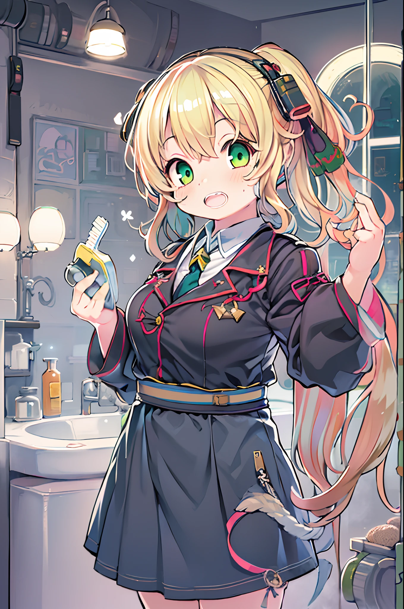 Anime girl with blonde hair and green eyes, Anime , Anime visuals of cute girls, small curvy loliom girls frontline, anime moe art style, girls frontline style, Strongest Pose, small loli girfficial artwork, Kantai Collection Style, In the vanity、tooth brushing