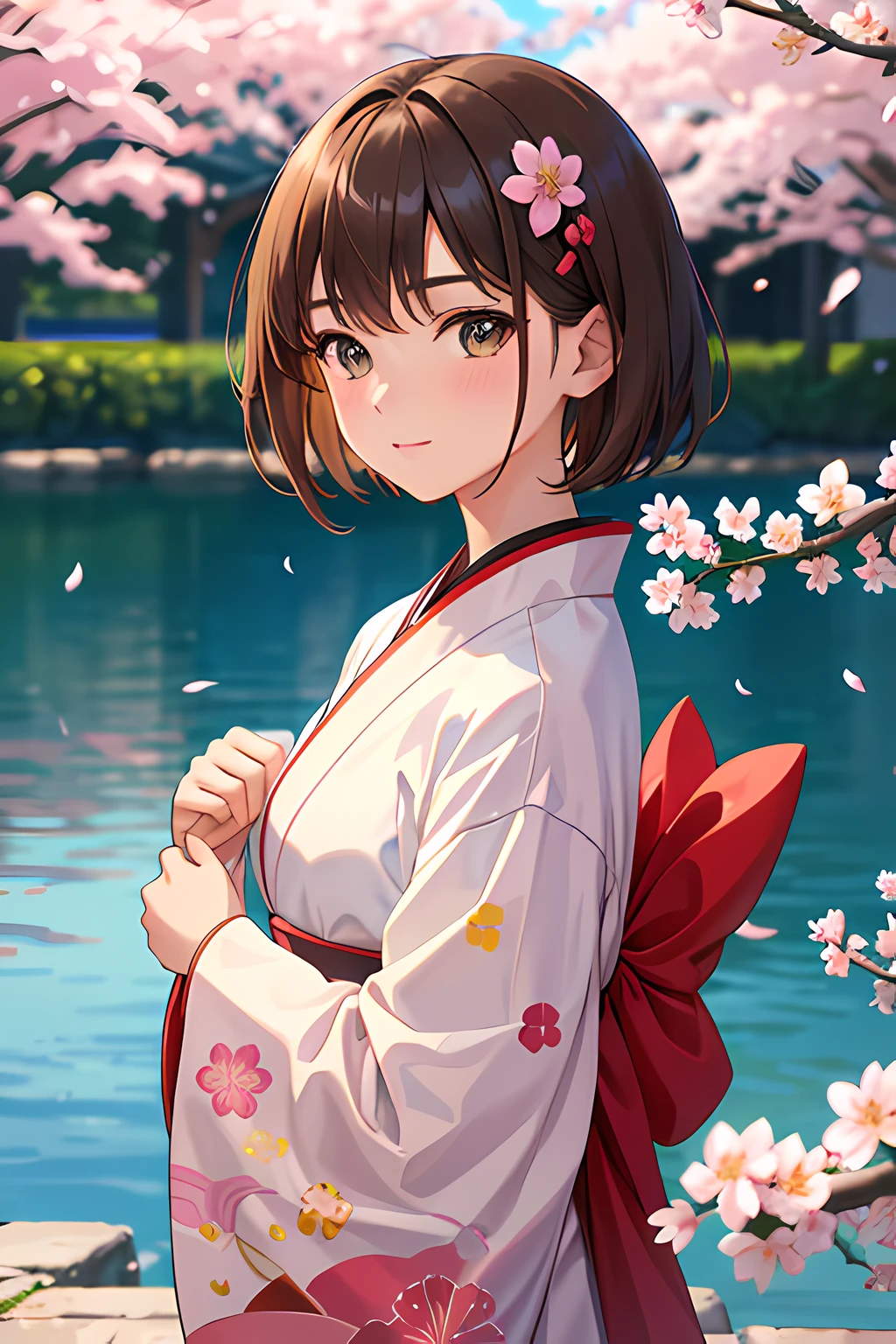 1 girl, light brown hair, short hair, hair behind ear, beautiful face, blush, attractive, elegant, beautiful composition, vivid and bold colds, high contrast colors, wearing wedding kimono style dress with cherry blossom printed, cinematic lighting, outside, standing next to pond, and cherry blossom tree, fine details, smooth focus, elaborate, colorful, award winning, (masterpiece, best quality)