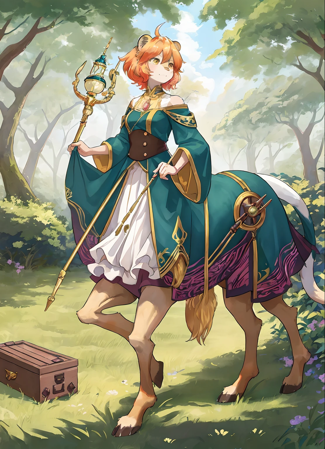 masterpiece, best quality,a portray of female lion , horsetaur,deer ,extemely detailed, magic girl, ,light magic effect, forest, digital photography,(holding magic staff:1.2), rainbow hair, weather aura,toon cartoon,, kemono, tomboy, short hair, furry