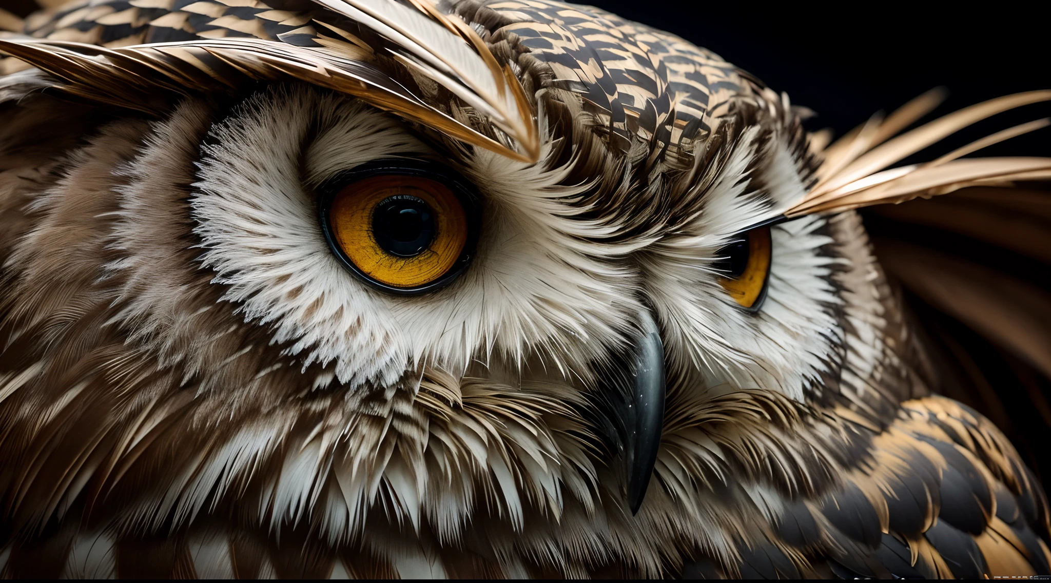 generate the black and with image of a owl centered on the face with black and withe eyes. The eyes must be aligned. The background is black