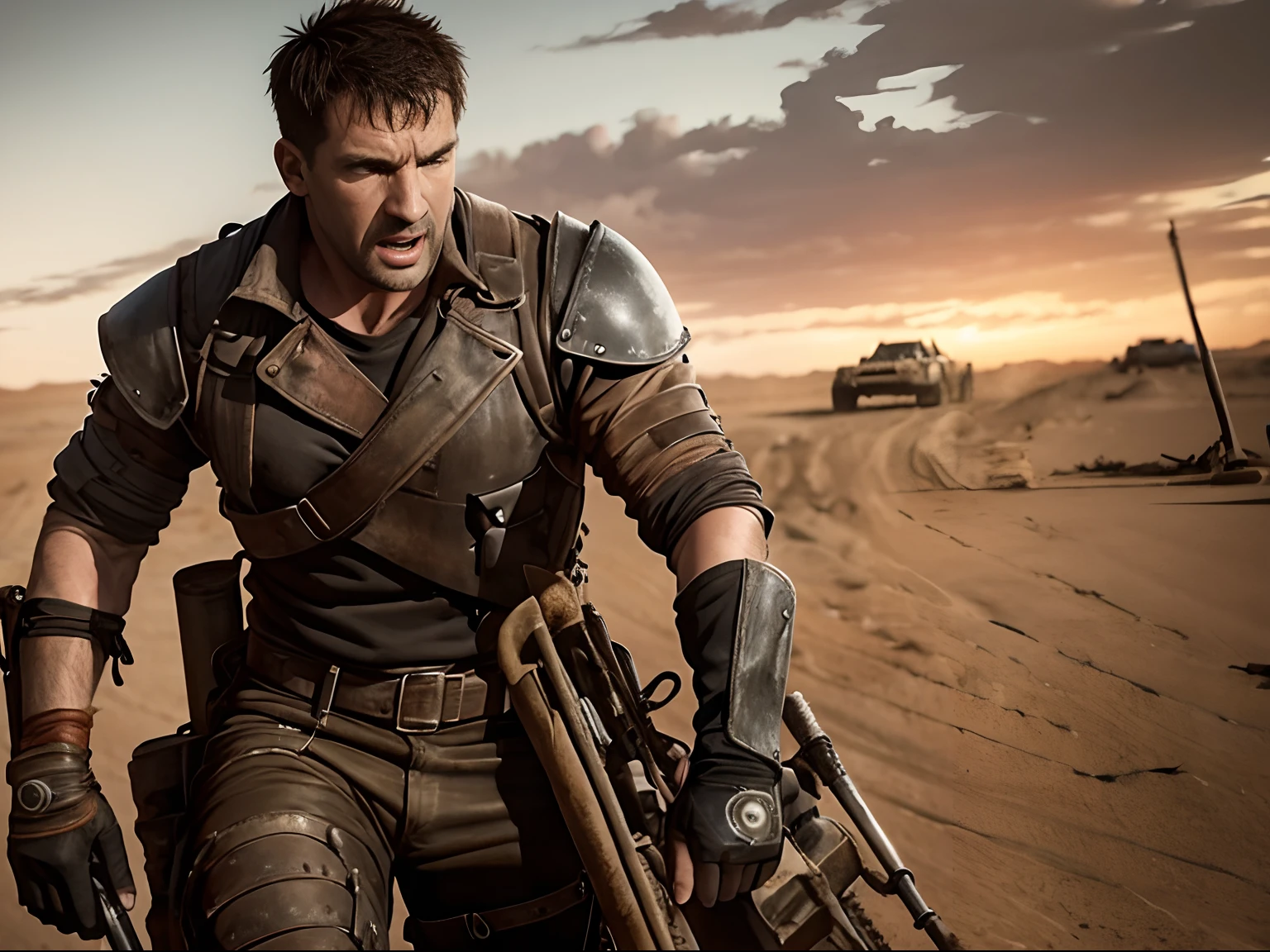 Mad max en combate lleva una escopeta en la mano derecha chamarra de cuero