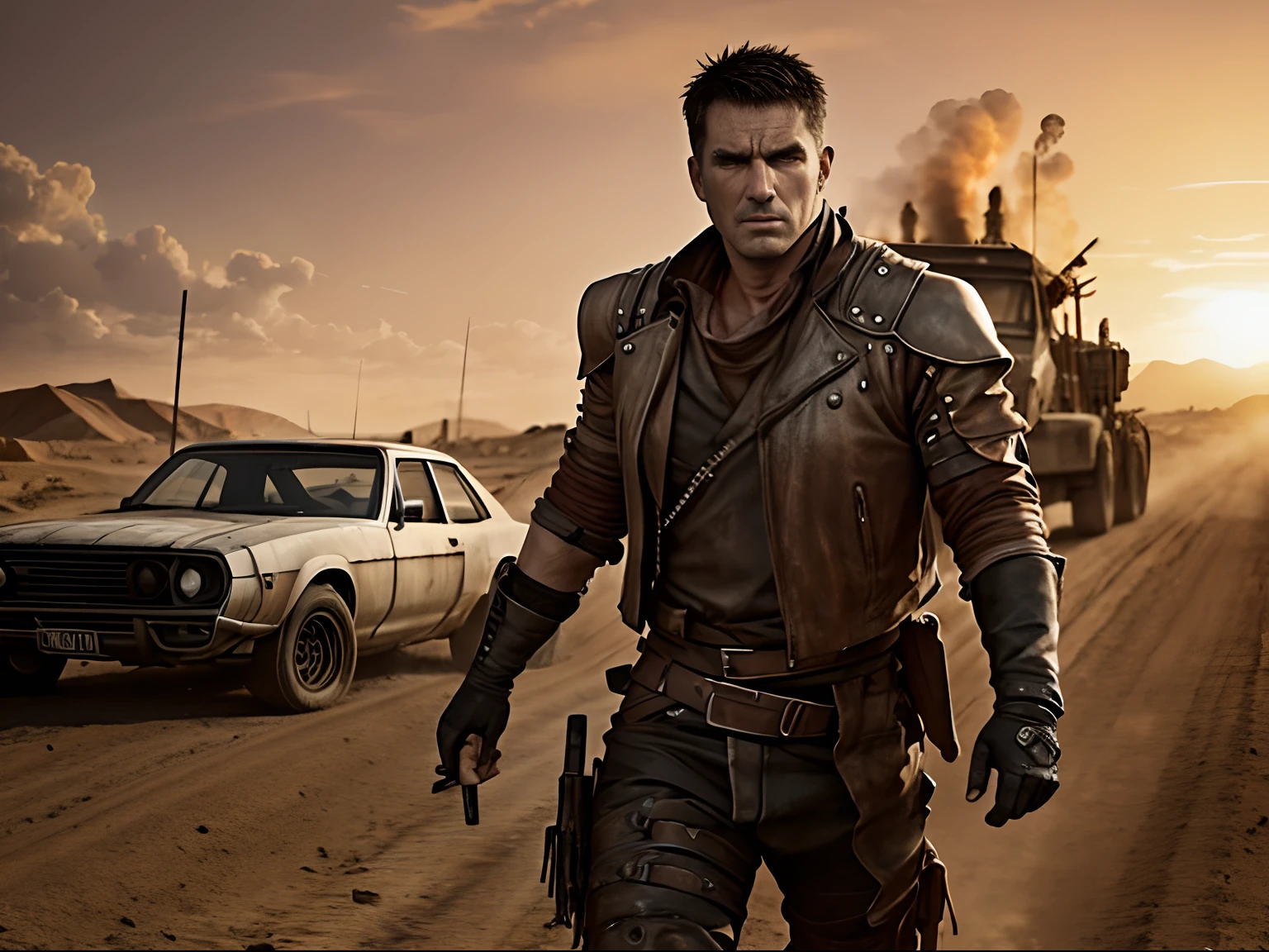Mad max en combate lleva una escopeta en la mano derecha chamarra de cuero