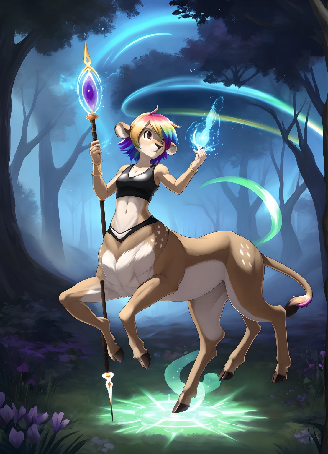 masterpiece, best quality,a portray of female lion , horsetaur,deer ,extemely detailed, magic girl, ,light magic effect, forest, digital photography,(holding magic staff:1.2), rainbow hair, weather aura,toon cartoon,, kemono, tomboy, short hair, furry