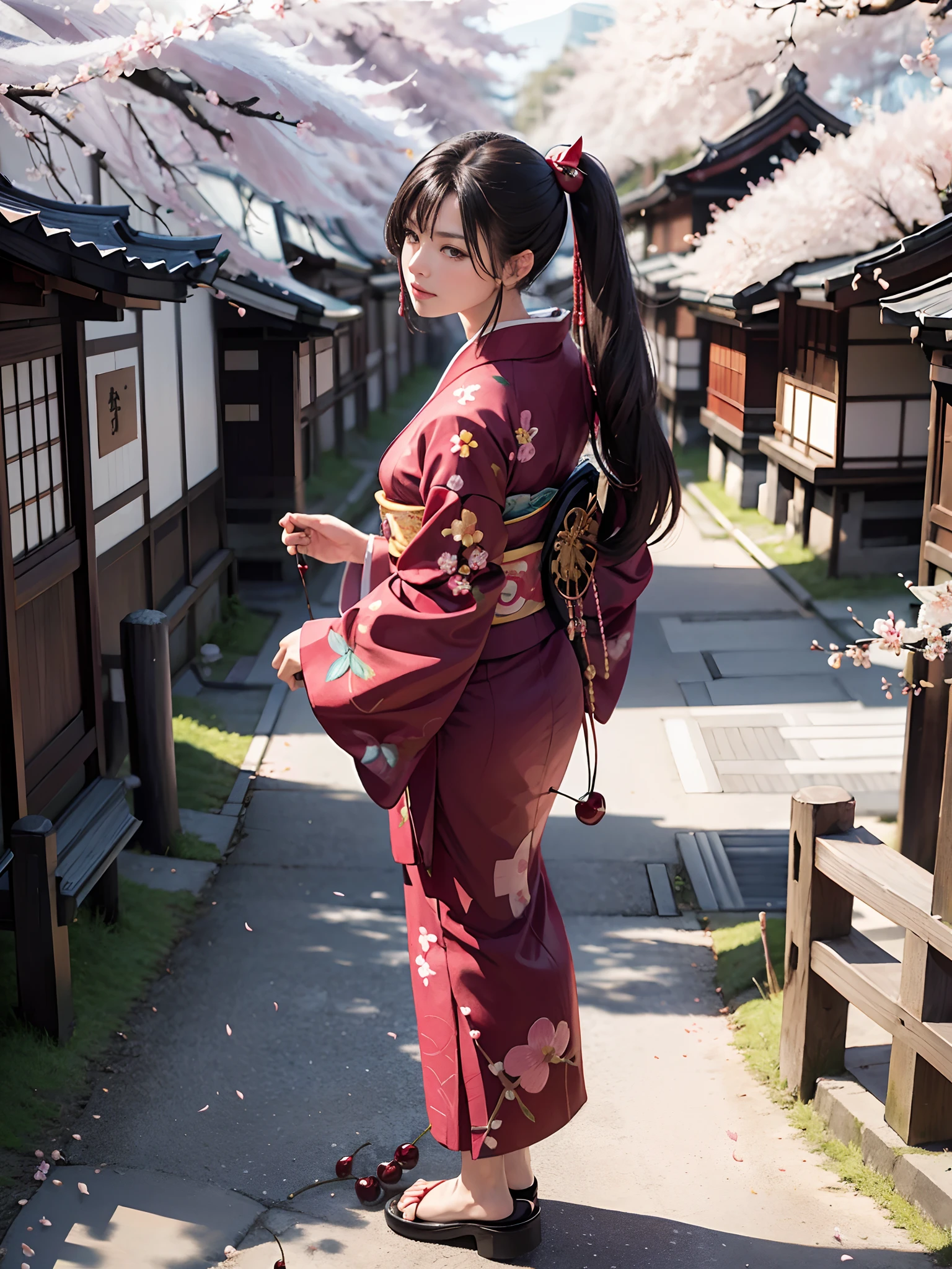Background of details(Kyoto in Japan(cherry trees:1.5)),BREAK ,elaborate costume(Luxury kimono(Colorful kimono(detailed embroidery(Cherry print embroidery:1.2)))),BREAK,1 Beautiful and classy adult woman(Japanese actressl:1.2)(glossy dark hair(poneyTail:1.2))(Arms outstretched),BREAK,Wallpapers 16K,Blur the background,(masutepiece:1.5), (Best Quality:1.5),(Portrait photos:1.5),(full body Esbian:1.5)