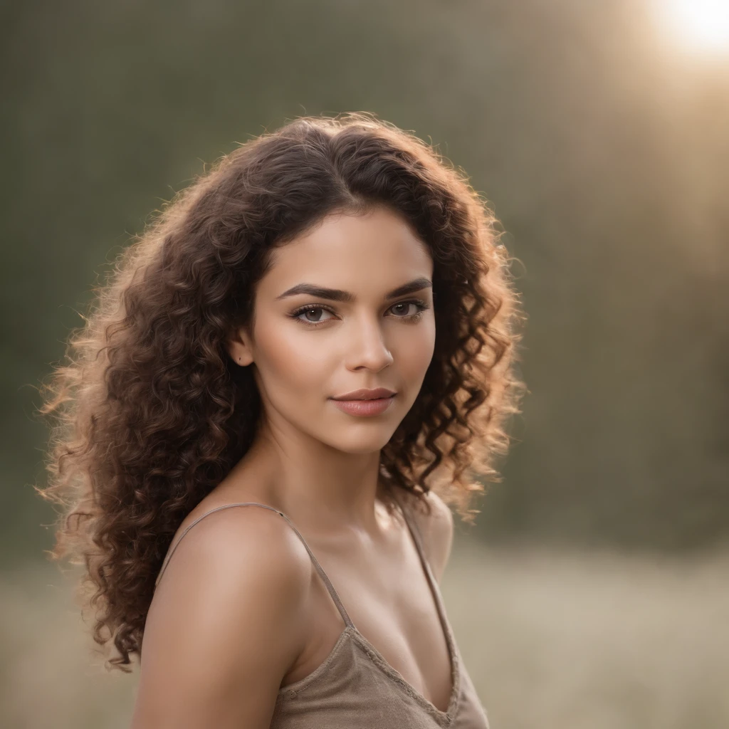 Close up photo of an athletic brunette woman 18 years old,  very long curly black hair, light and cheerful round face, brown eyes, thin lips and thin nose.