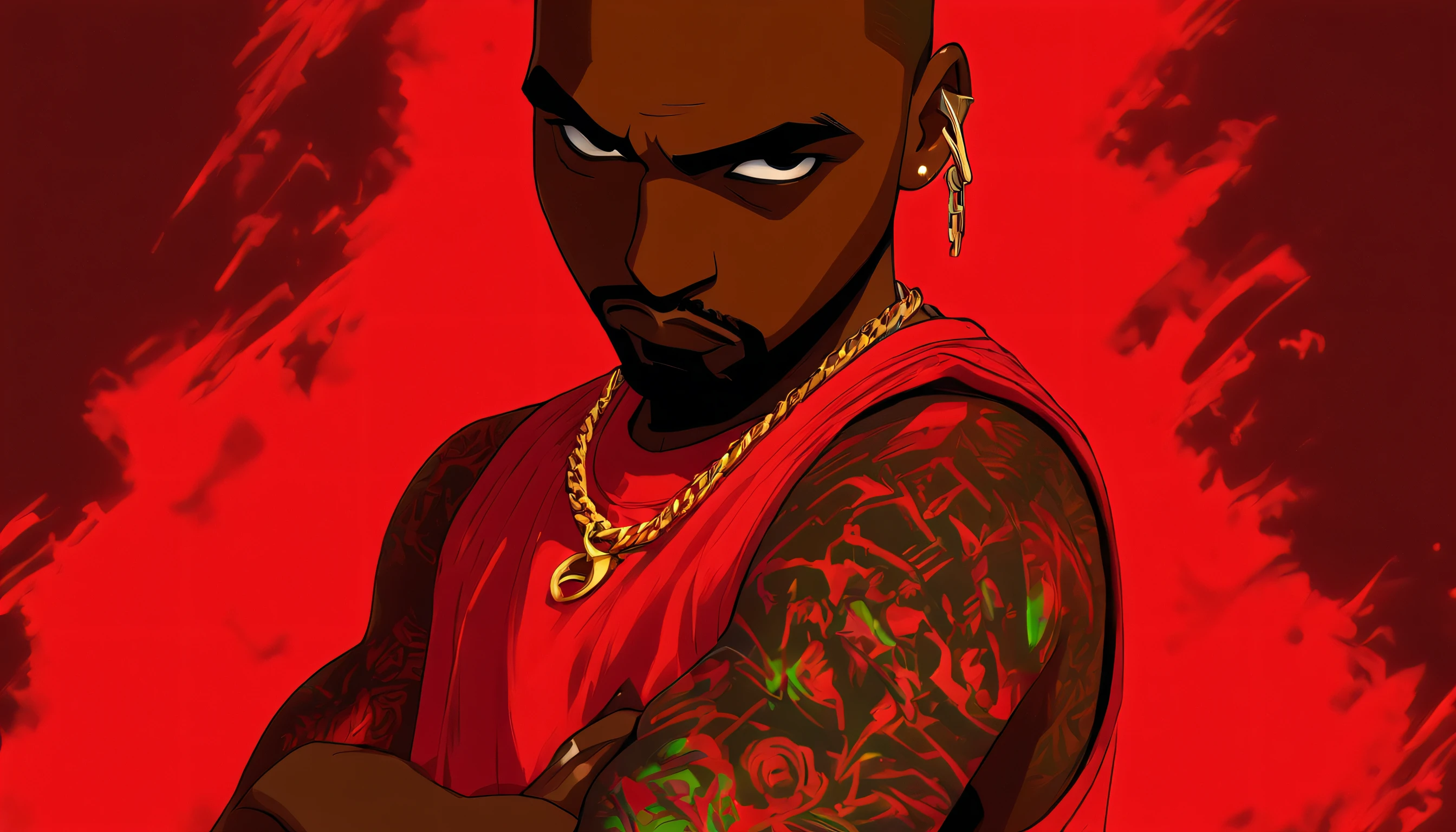 Kanye West with his arms crossed, sem camisa, Tatuado,magro, Gold chain around his hip hop style neck, cabelos vermelho, Sobrancelhas vermelhas, cavanhaque vermelho, GTAV Estilo dos desenhos animados, com fundo vermelho, com raios azuis, estilo dos desenhos animados, foco no fundo dos desenhos animados.
