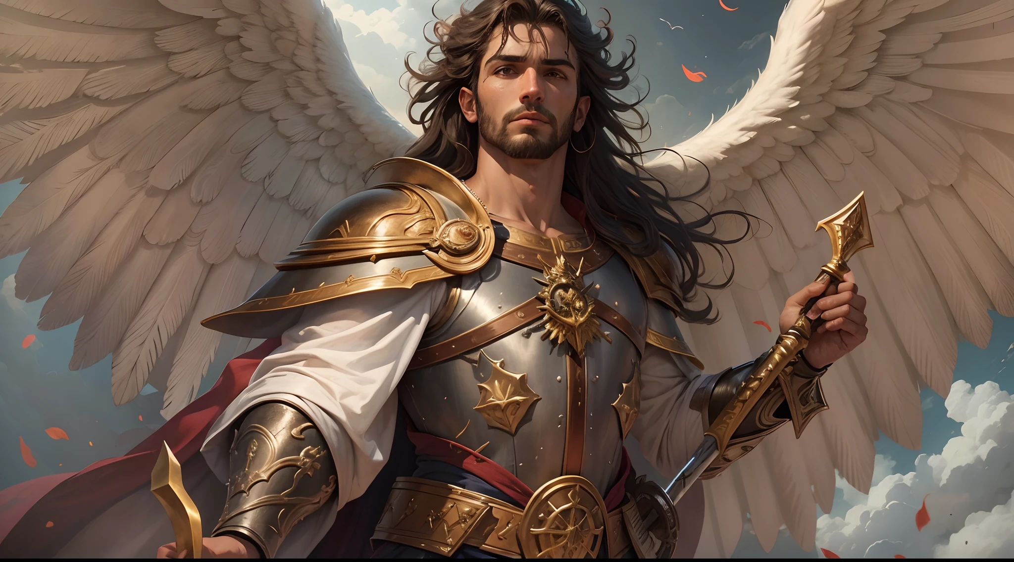 Closeup of 1 Biblical Archangel Man with large white wings, 1 anjos: homem vestido com armadura, with sword in hand, pointing to heaven, arcanjo com asas grandes, arte de fantasia heroica, Graphic artist Magali Villeneuve, heroes of might and magic, Godrays Pintura Digital, rossdraws global illumination, Directed by: Ignacio Zuloaga, cg arte, epic fantasy art, Epic fantasy art style, Rossdraw 1. 0, Epic Fantasy Digital Art Style, Biblical setting, velas acesas, Biblical Paradise Setting, nuvens, Biblical Paradise Setting, Velas, tochas de fogo, roupas vermelhas, prince, Guardian and Warrior, defenda-me e proteja-me com a Tua Espada;. Don't let any harm come to me. Protegei-me contra assaltos, roubos, accidents and against any acts of violence. Get rid of negative people and spread your cloak and your shield of protection in my house, meus filhos e familiares. Guardai meu trabalho, My business and my assets. Trazei a paz e a harmonia. St. Miguel Arcanjo, defendei-nos neste combate, Cubra-nos com seu escudo contra os enganos e armadilhas do diabo. Instante e humildemente vos pedimos, may God rule over him and over you, Prince of the Celestial Militia, com esse poder divino, precipitate into hell Satan and the other evil spirits who roam the world to the perdition of souls. Biblical setting, velas, tochas de fogo, Scenery of Paradise Depicted in the Bible