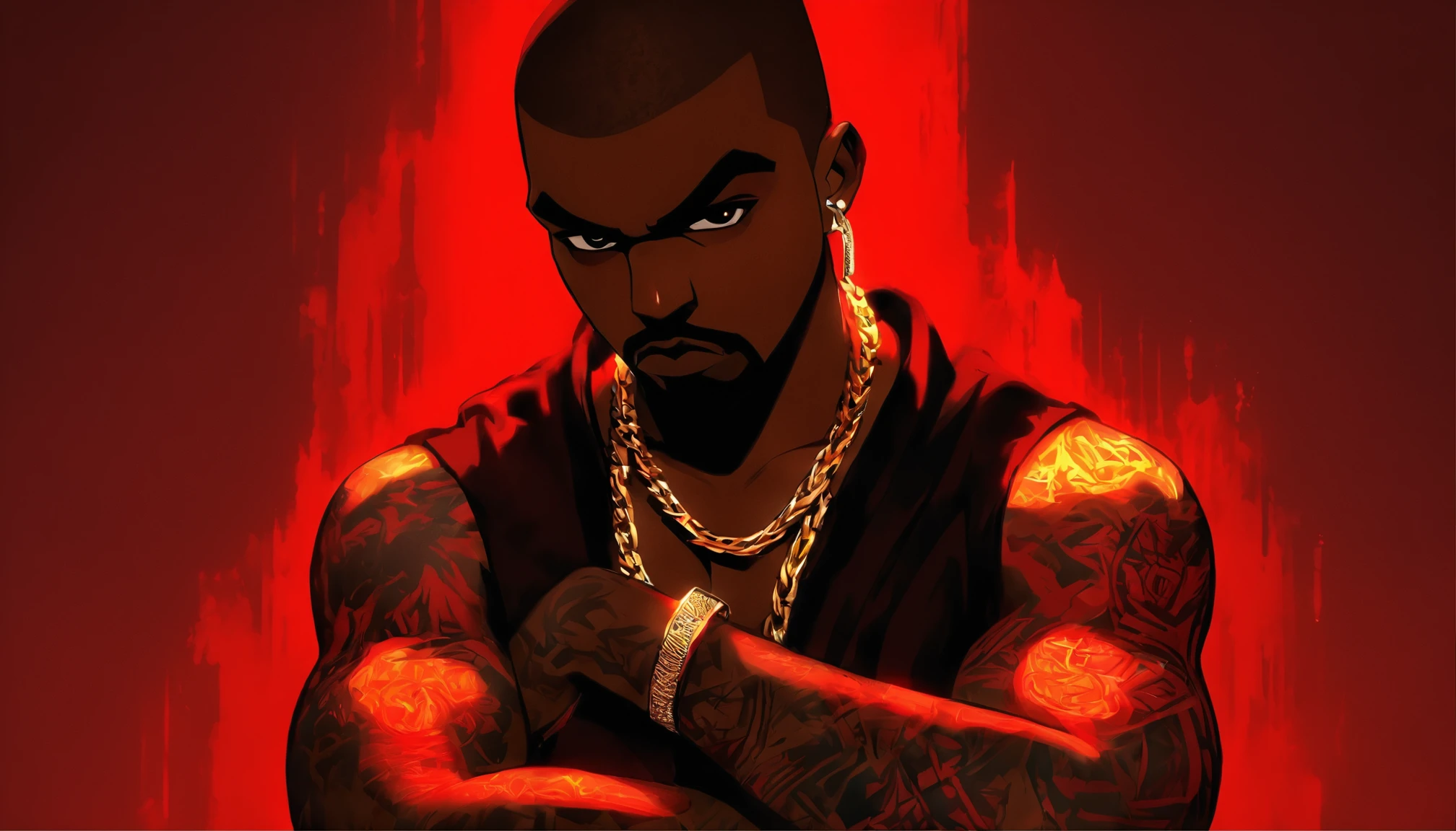 Kanye West with his arms crossed, sem camisa, Tatuado,magro, Gold chain around his hip hop style neck, cabelos vermelho, Sobrancelhas vermelhas, cavanhaque vermelho, GTAV Estilo dos desenhos animados, com fundo vermelho, com raios azuis, estilo dos desenhos animados, foco no fundo dos desenhos animados.