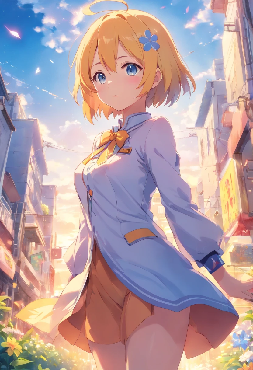 chica llamada Rem del anime Re:Zero, obra maestra, mejor calidad, Still film, primer plano, brillante, feliz, soft warm lighting, puesta de sol (chispas: 0,7)