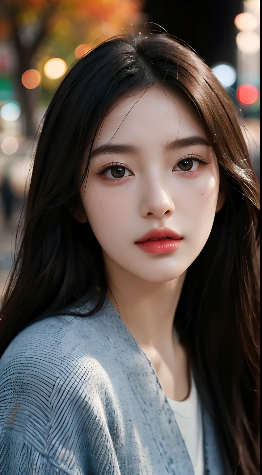 (Best quality,16k,A high resolution,Masterpiece:1.2),Ultra-detailed,(Realistic,Photorealistic,photo-realistic:1.37),Korean fashion beauty,Japanese and Korean beauties,cute and innocent,Detailed eyes and face,beautiful detailed lips,Long eyelashes,slimification,fashionable in dressing,Plump upper circumference,(Lovely,Charming:1.1), falling leaves, autumn street background,Stylish clothes and accessories,Portrait style photography,Vivid colors,Street lights.