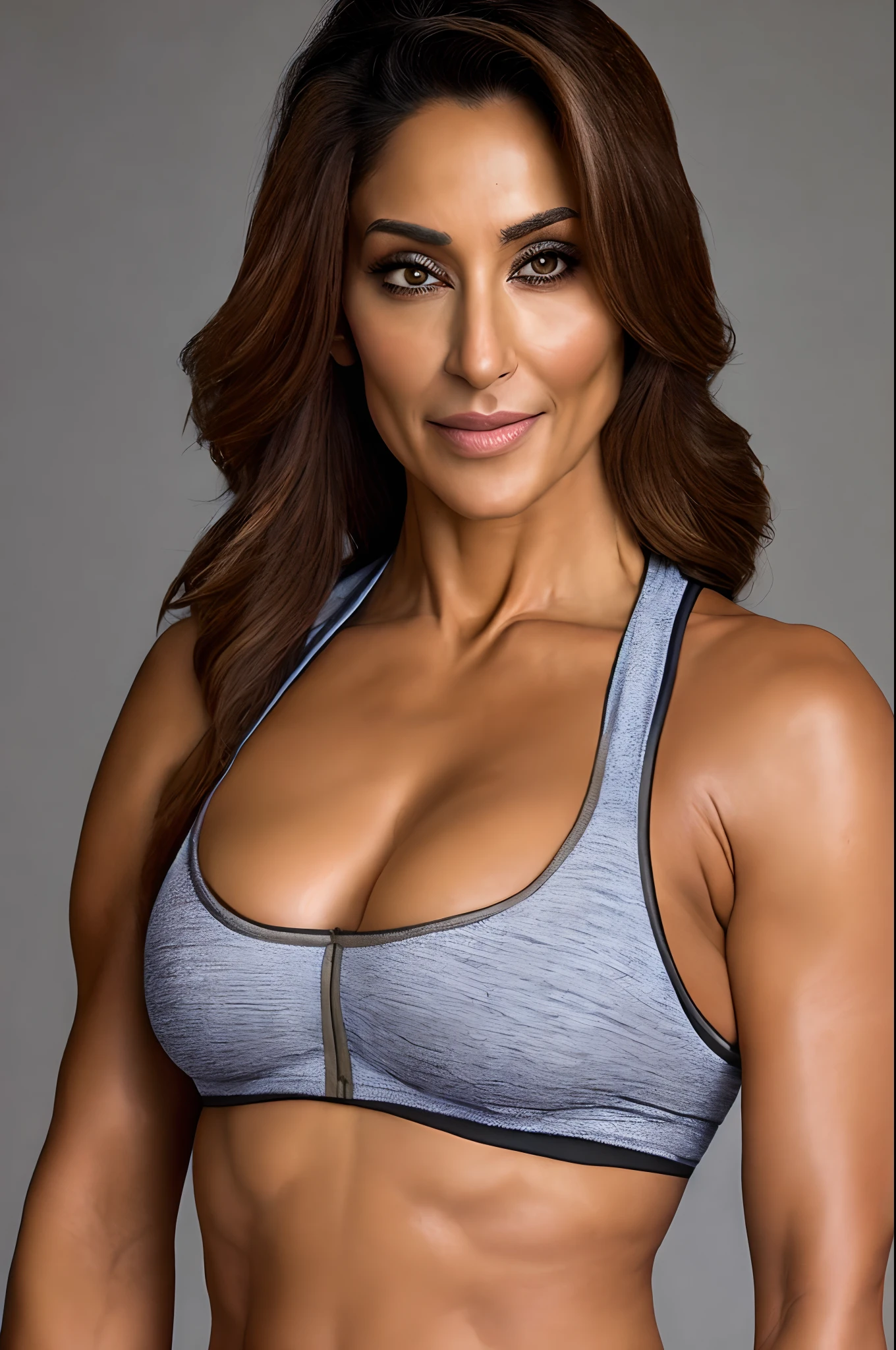 (masterpiece, Best Quality, 32K HDR, High resolution), Perfect face, 1girl in, medium shot, fitness wear, Sports Bra, Malaika Arola, Indian actress, Mature Face, 45-year-old face, (Fitness Studio, fitness gym), (ultra gigantic breasts:1.2, SuperHuge boobs:1.2, ultra gigantic tits:1.2), An ultra - realstic face, ultra realistic textures, (Exposed shaved armpits:1.35),