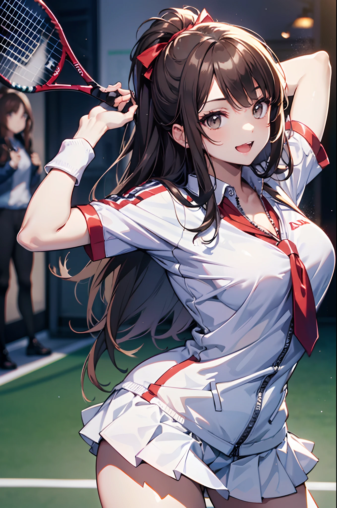 Official art, Unity 8k Wallpapers, ultra-detailliert, masterpiece, top-quality, 1人の女性, (ighly detailed),(Raw photography、top-quality)、(realisitic、Photorealsitic:1.3)、high-detail、Ultra-detailed complex 3D rendering of faces、(highlydetailed skin:1.2)、dynamic ungle, Fireglow effect, profetional lighting, side lights, ciinematic light, 超A high resolution, film grains,Best Shadows, Particles of light, detailed skin textures, A detailed face, intricate-detail, ultra-detailliert, with light glowing, Looking back、Full body, tennis coat、beauitful face、blurry backround、18 year old beautiful girl、shinny skin、Twin-tailed、beautiful brown hair、Gray eyes、Tie your hair with a big red ribbon、(Tennis Uniforms、Holding a racket、dynamicposes:1.3)、raise arms、Smile with open mouth、Curve、Dynamic Poses、white panties、