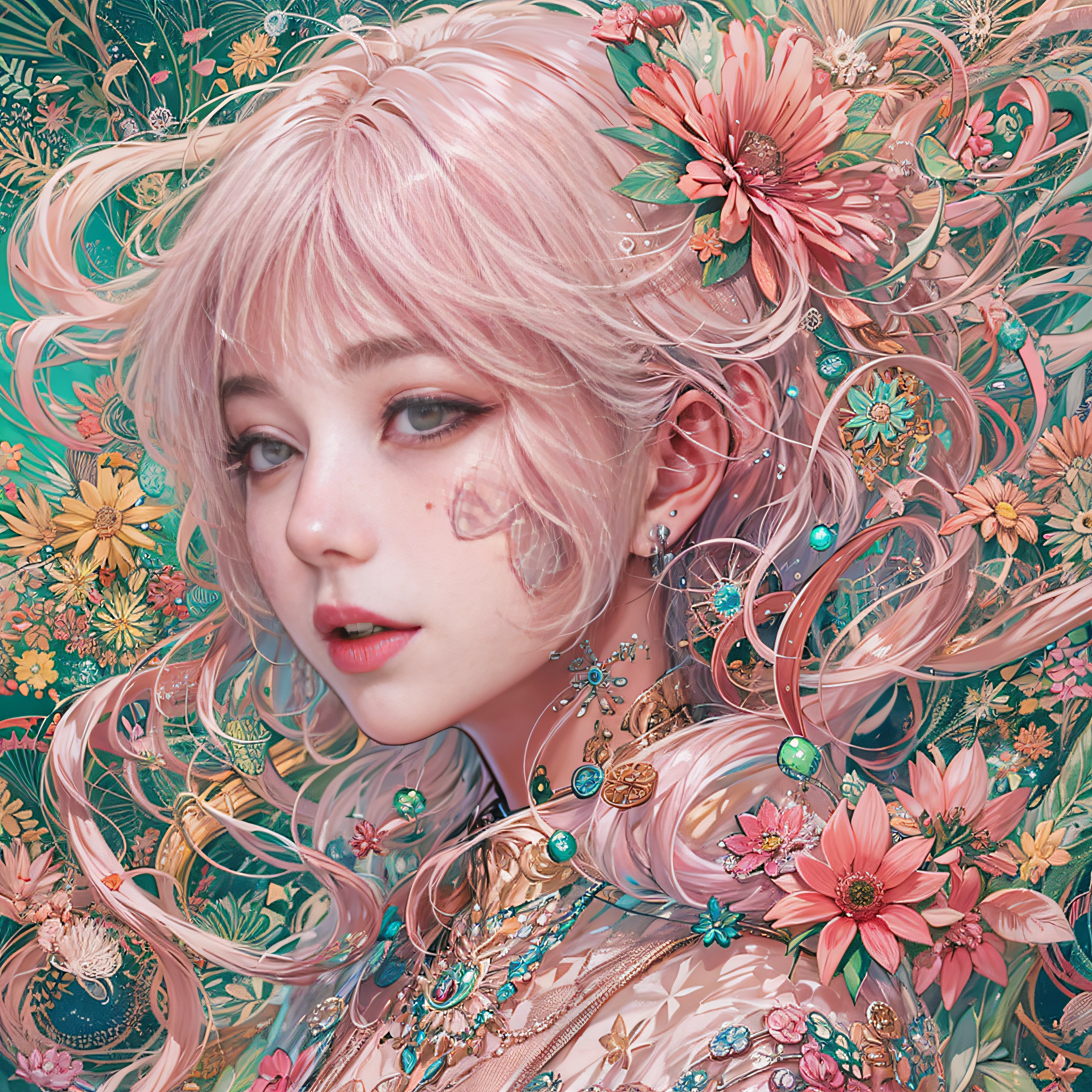 (masutepiece, of the highest quality, Best Quality, Official art, Beauty and aesthetics: 1.2), (1girl in), Korean, (Smile), Extremely detailed, Colorful, Supreme Details, uniform 8k wallpaper, ultra-detailliert, Beautiful, pale pink hair color, (Zentangle, flower, mandalas, Tangled, Entangled), Water Art, surround, Entangled, Real, sci-fi background