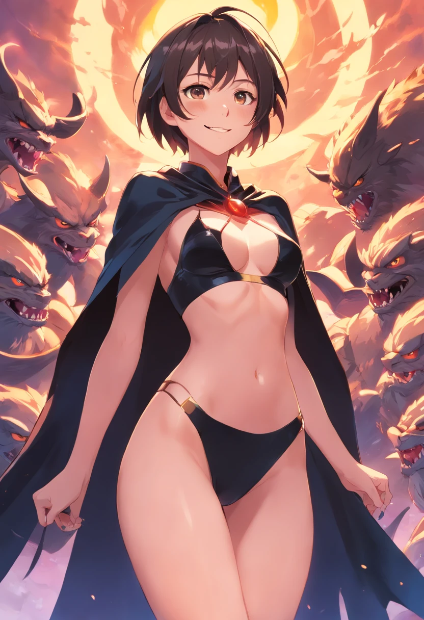 madelynepri, 1girl, standing, closeup, black cape, perfect face, underboob, thong, navel, evil smile, sexy,, surrounded by goblins,