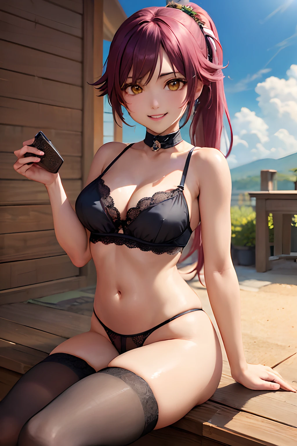(​masterpiece、top-quality:1.2)、cowboy  shot、独奏、1girll、Shihoin Yoruichi、A smile、see the beholder、long pony tail、((Black underwear))、(stockings)、(high-heels)、(sun burn)