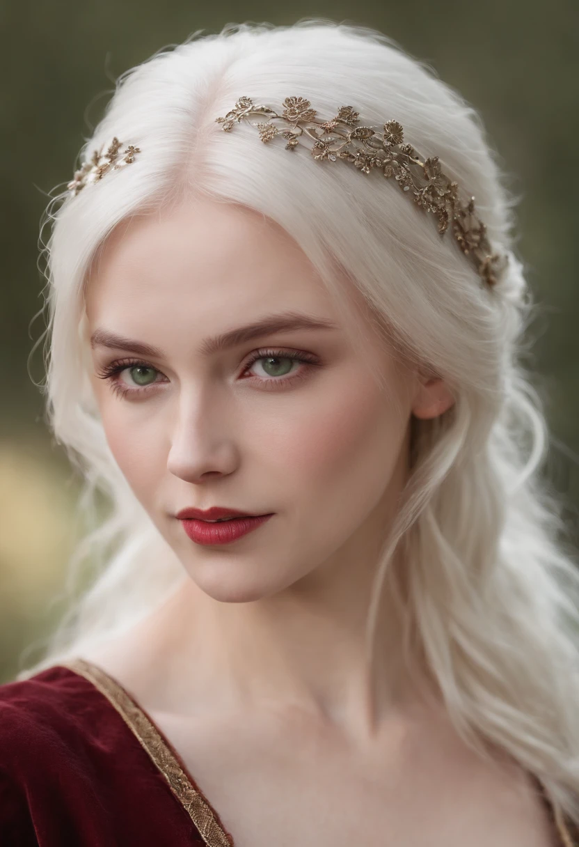 (((a deep reddish wound crosses her left cheek))) fair complexion, woman around 19 years old, natural white hair, distinctive green eyes, wearing kohl, slender and graceful, beautiful, candlelight in a medieval setting, ultra sharp focus, realistic shot, medieval female clothes, tetradic colors (scar:1.4)