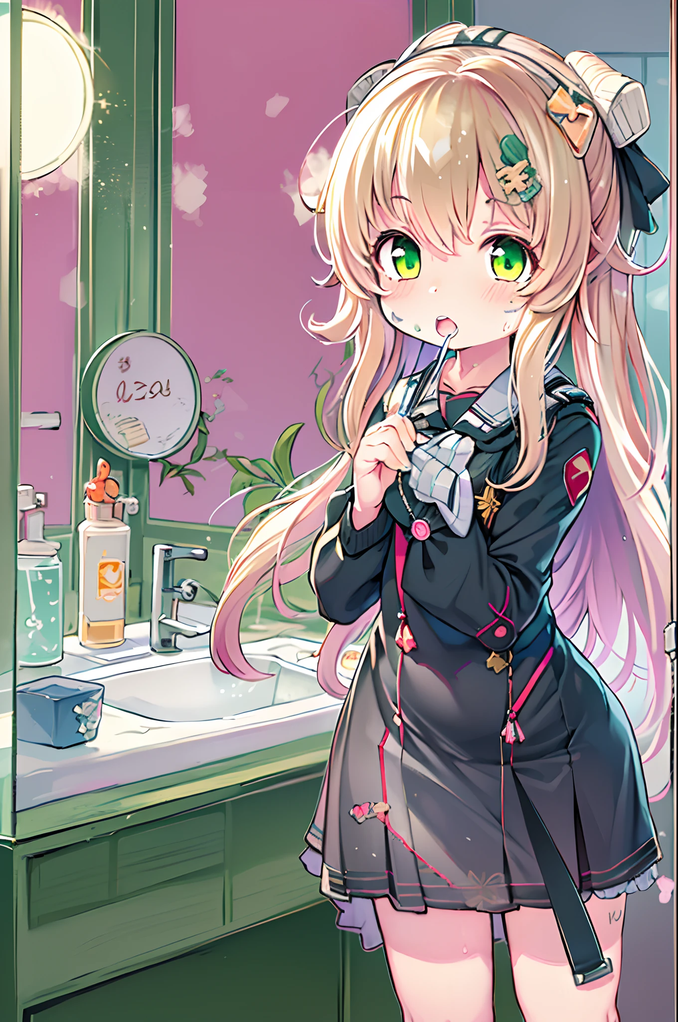 Anime girl with blonde hair and green eyes, Anime Loli, Anime visuals of cute girls, small curvy loli, from girls frontline, anime moe art style, girls frontline style, Strongest Pose, small loli girl, official artwork, Kantai Collection Style, In the vanity、tooth brushing、toothbrush、Morning light