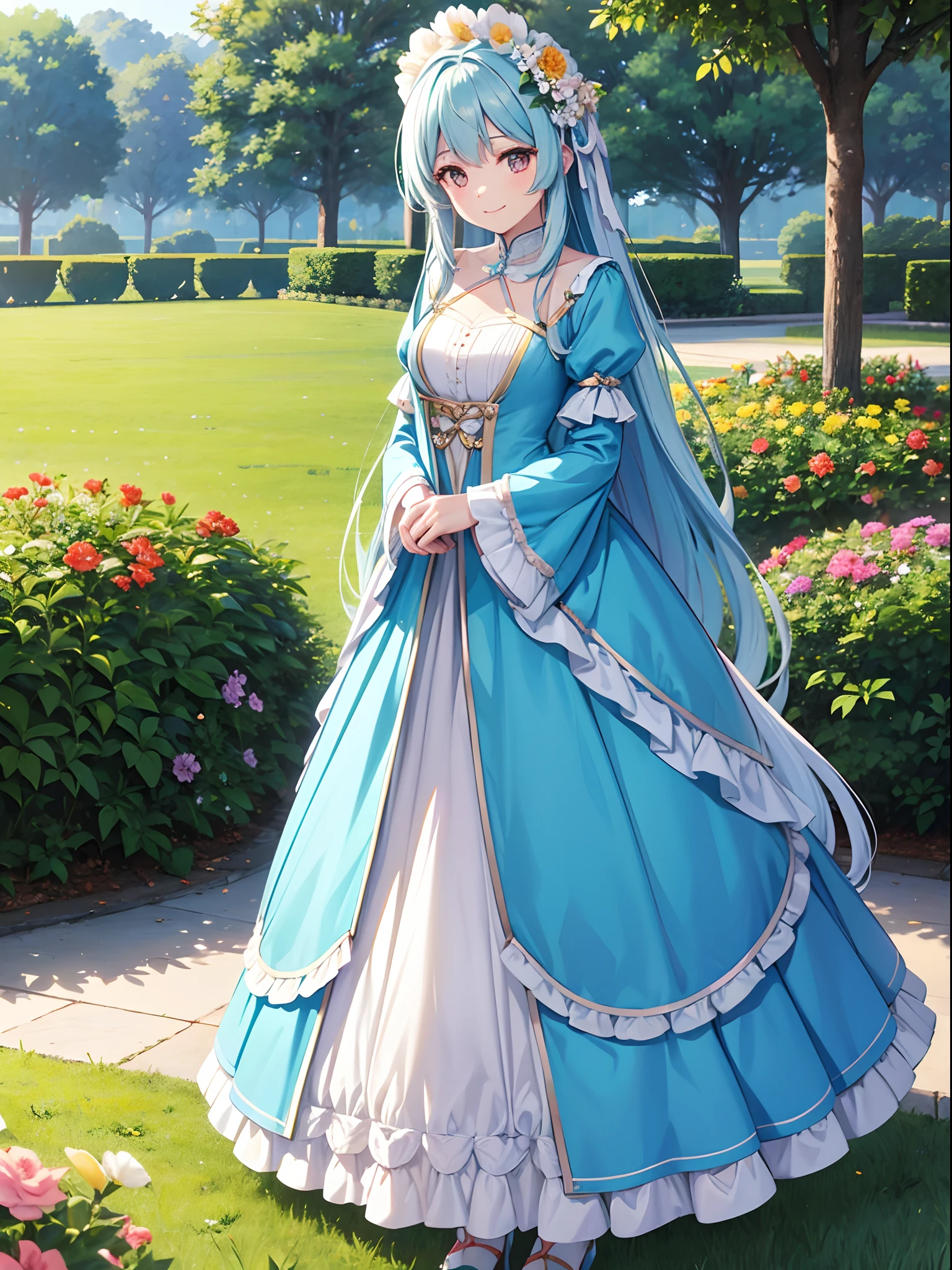 A park full of flowers　The sun goes down　Pretty girl　Light blue long hair　A charming smile　Cute costumes　Facing the front