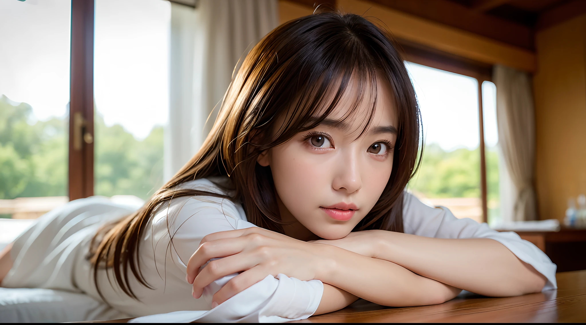 best quality, Face focus, soft light, ultra high resolution, (lifelike:1.4), original photo,
1 japanese girl, alone, Lovely, (pupil, There is light in the eyes), Detailed beautiful face, (),(High-resolution detail of human skin texture),
(long hair),
indoor,
Transparent pajamas,
(portrait)