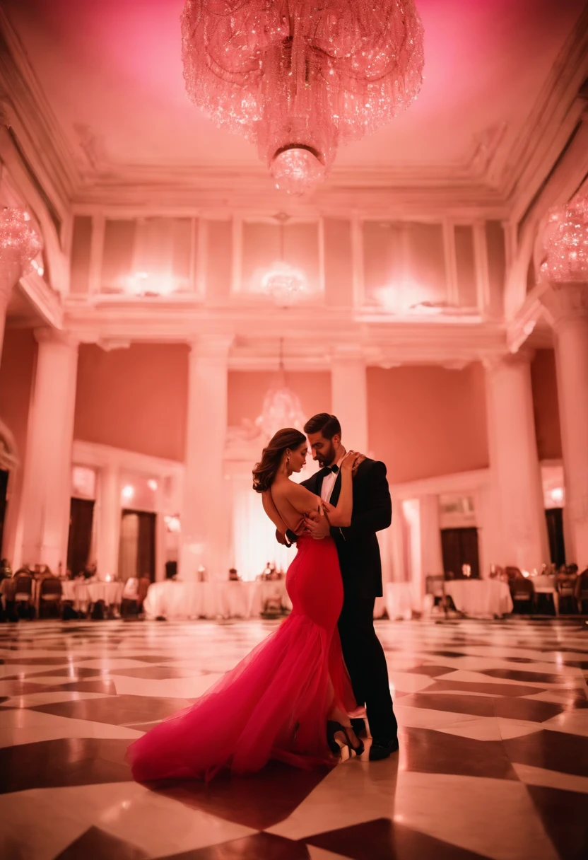 imagem de uma cena do filme, uma linda mulher, vestido luxo vermelho, V-neckline to the navel, black sandal, poucas tiras, salto 18, Luxury Ballroom, madeira de mogno, Pink Marmore Pillars, (candelabro de cristal cor rosa), Couple dancing tango