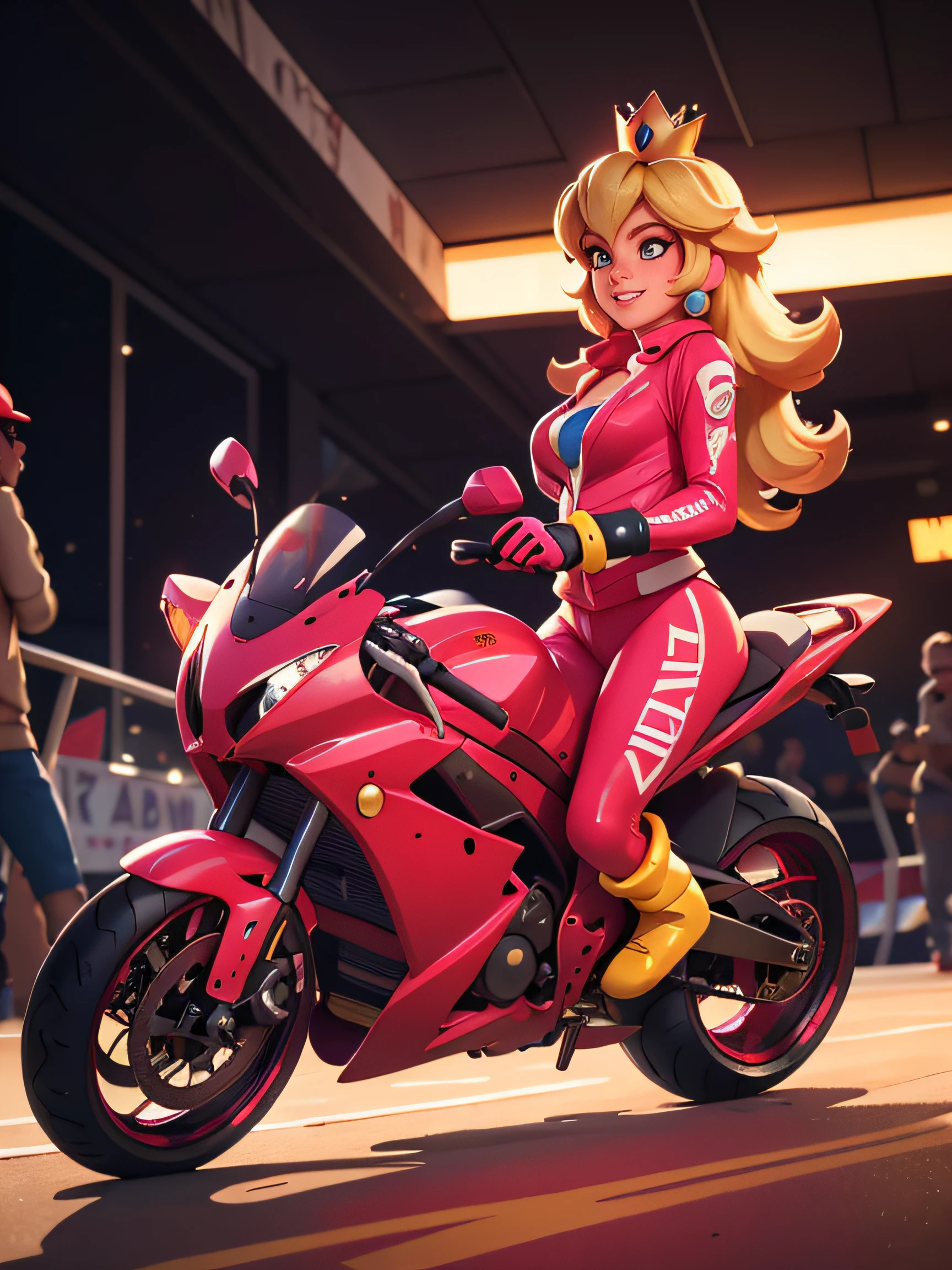 sport motocycle, princess peach, Mario kart, pink suit, blonde long hair, race streets, crown, oil painting, detailed textures, dynamic action, vibrant colors, energetic lighting, realistic portrayal, eye-catching composition, thrilling atmosphere, high-definition, high-res details, 4k resolution. from back, close up